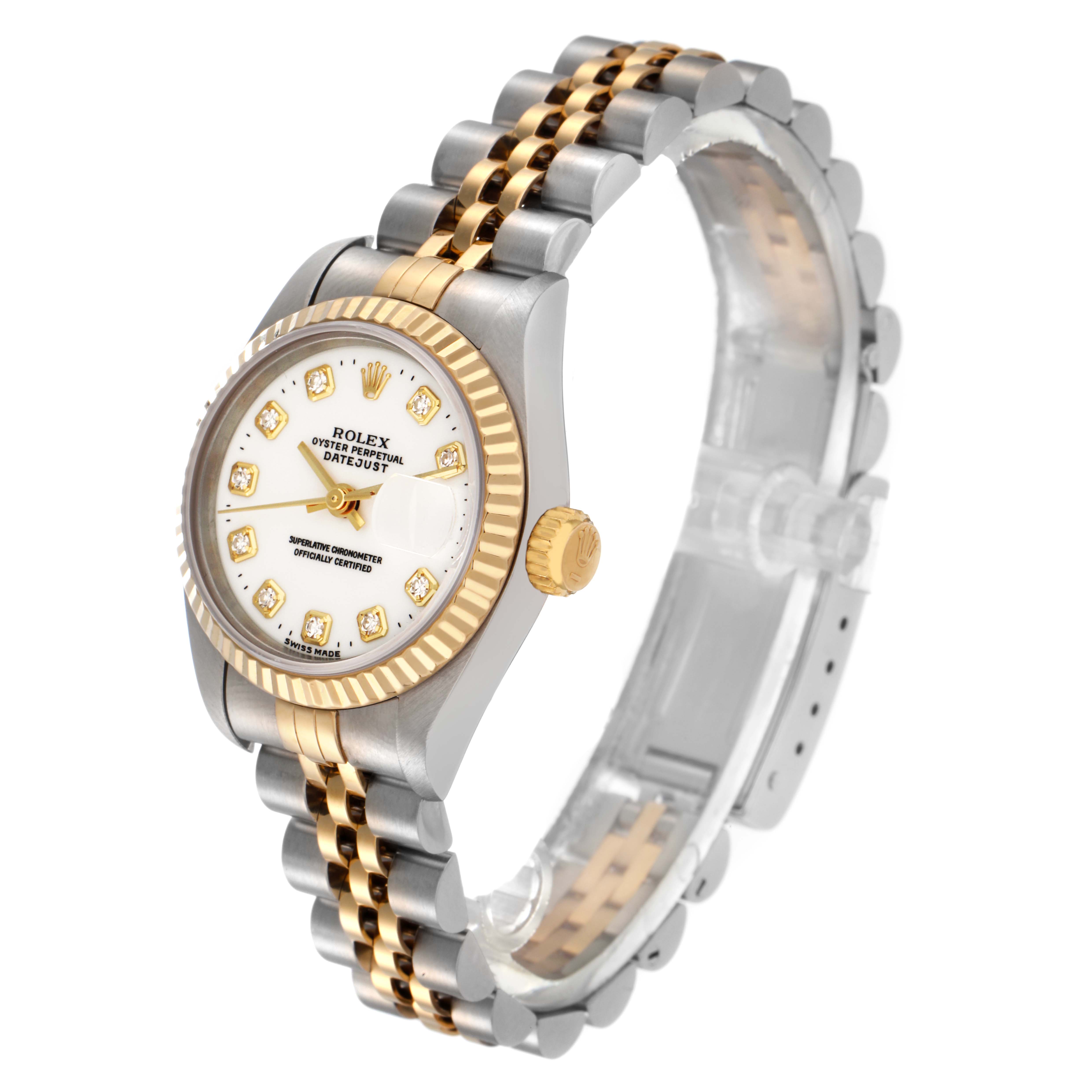 The Rolex Datejust 69173 Women
s Steel and Gold (two tone) White Dial 69173 Women
s Steel and Gold (two tone) White Dial watch is shown at an angle highlighting the face, fluted bezel, and two-tone bracelet.