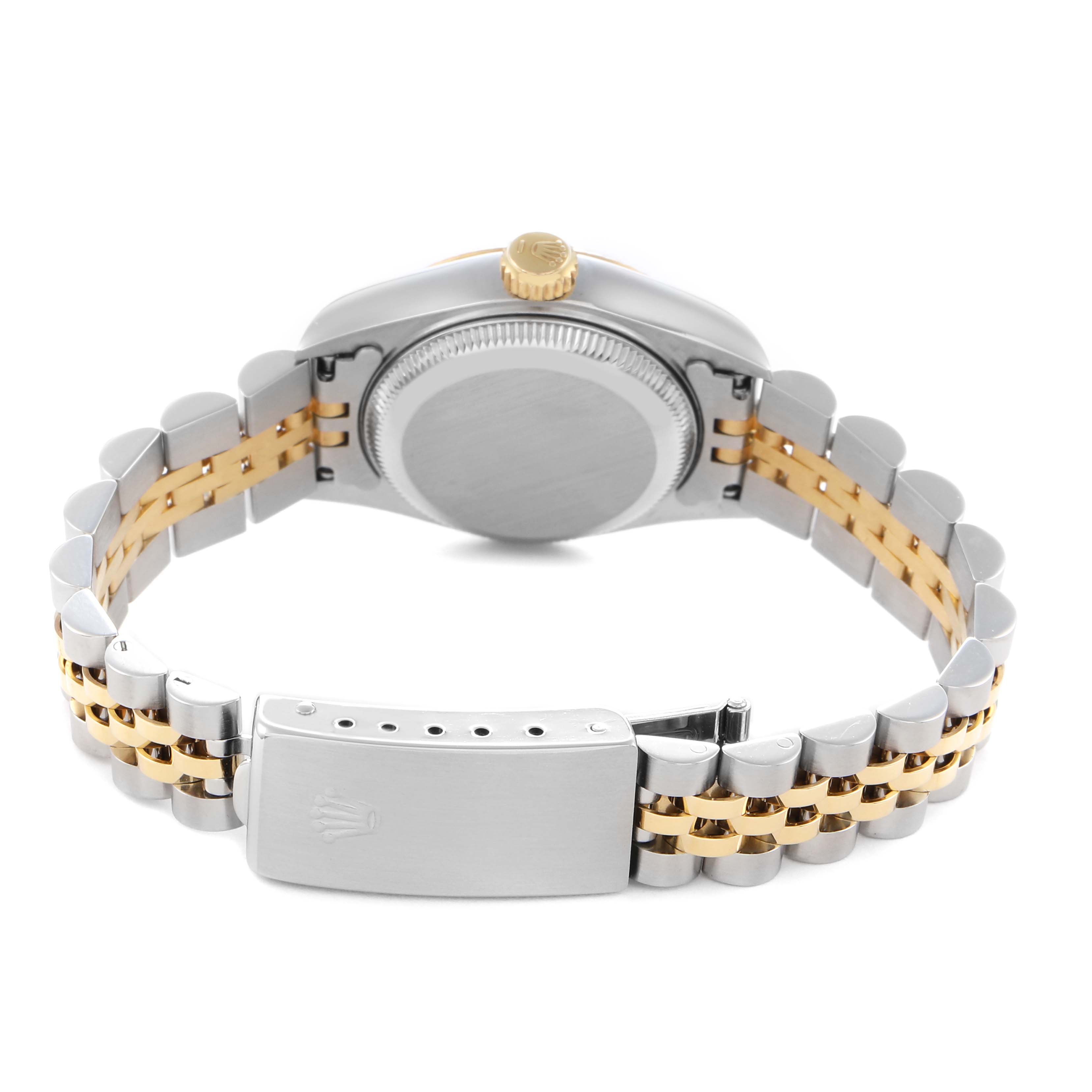 The image shows the back of a Rolex Datejust 69173 Women
s Steel and Gold (two tone) White Dial 69173 Women
s Steel and Gold (two tone) White Dial, highlighting the case back, crown, and two-tone Jubilee bracelet.