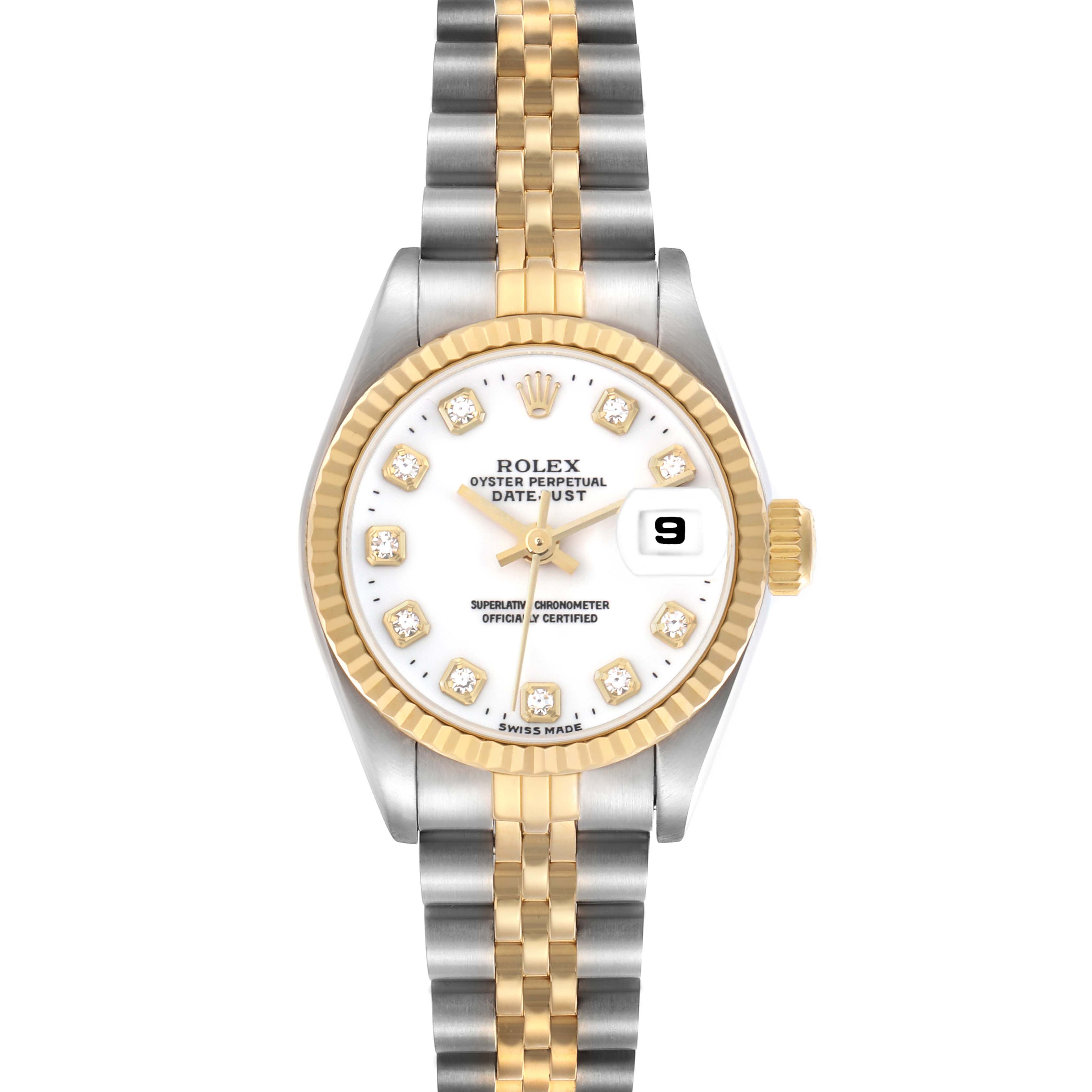 The Rolex Datejust 69173 Women
s Steel and Gold (two tone) White Dial 69173 Women
s Steel and Gold (two tone) White Dial watch is shown from a front angle, displaying the face, bracelet, and bezel.