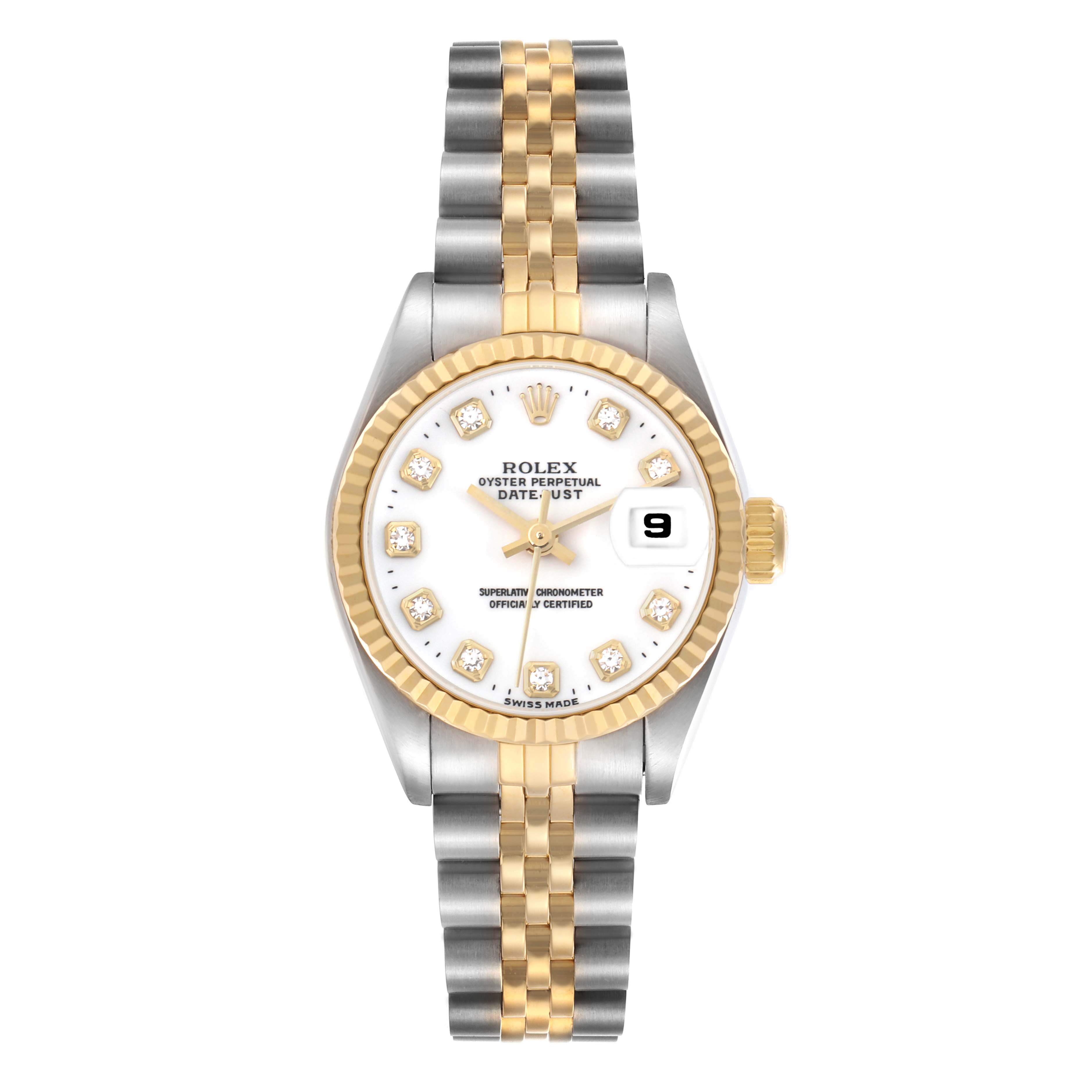 The Rolex Datejust 69173 Women
s Steel and Gold (two tone) White Dial 69173 Women
s Steel and Gold (two tone) White Dial watch is shown from a top-down angle, highlighting its dial, bezel, and two-tone bracelet.