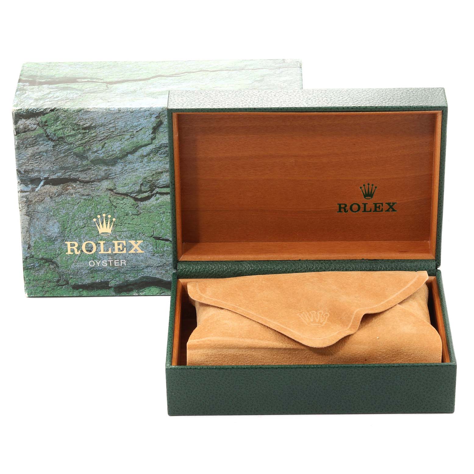 The image shows the box and suede pouch for a Rolex Datejust 16233 Men
s Stainless Steel White Dial 16233 Men
s Stainless Steel White Dial, displayed from a front angle.