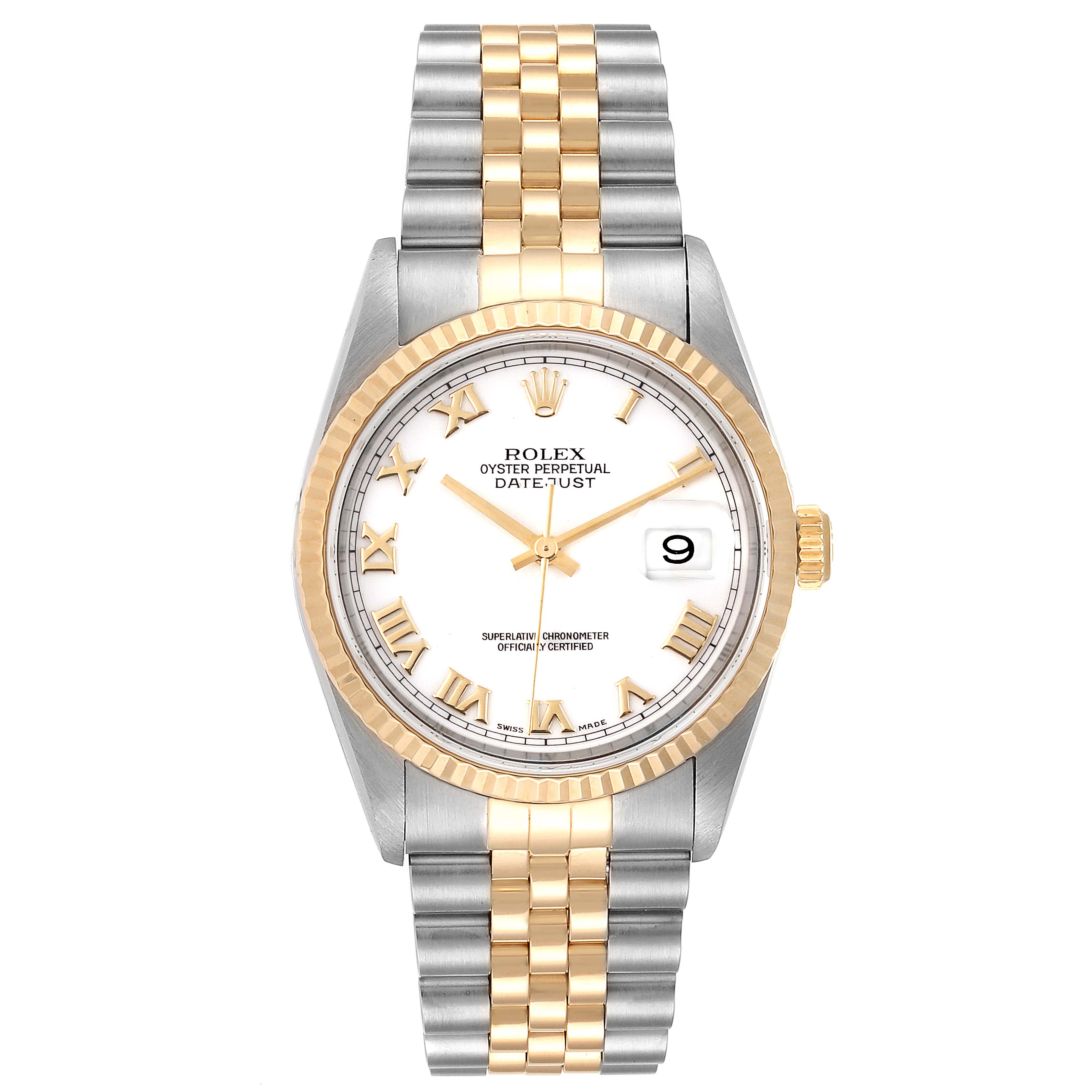 The image shows a front view of a Rolex Datejust 16233 Men
s Stainless Steel White Dial 16233 Men
s Stainless Steel White Dial watch, displaying its dial, bezel, bracelet, and crown.