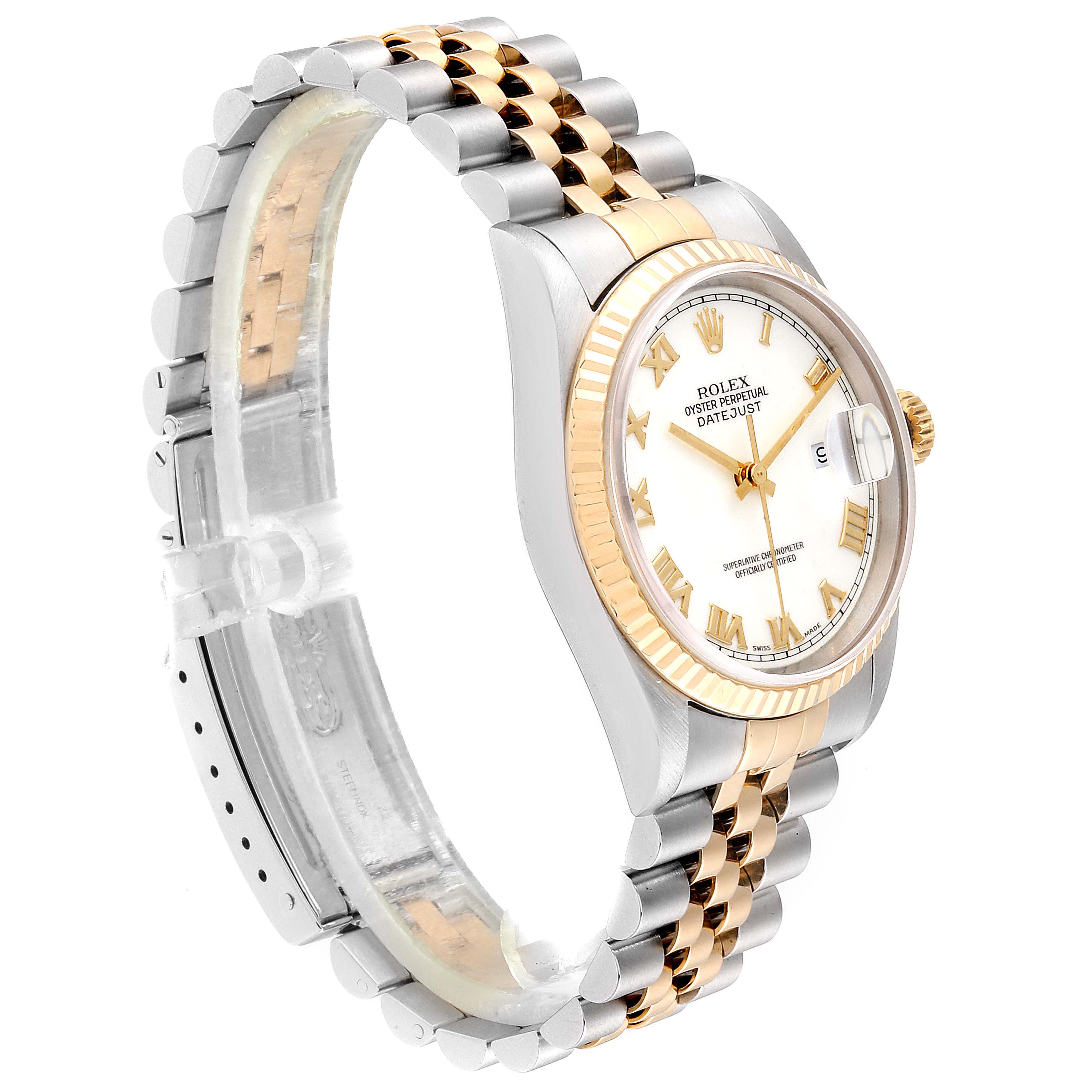 The image shows a Rolex Datejust 16233 Men
s Stainless Steel White Dial 16233 Men
s Stainless Steel White Dial watch at a slight angle, highlighting the face, bezel, and bracelet.