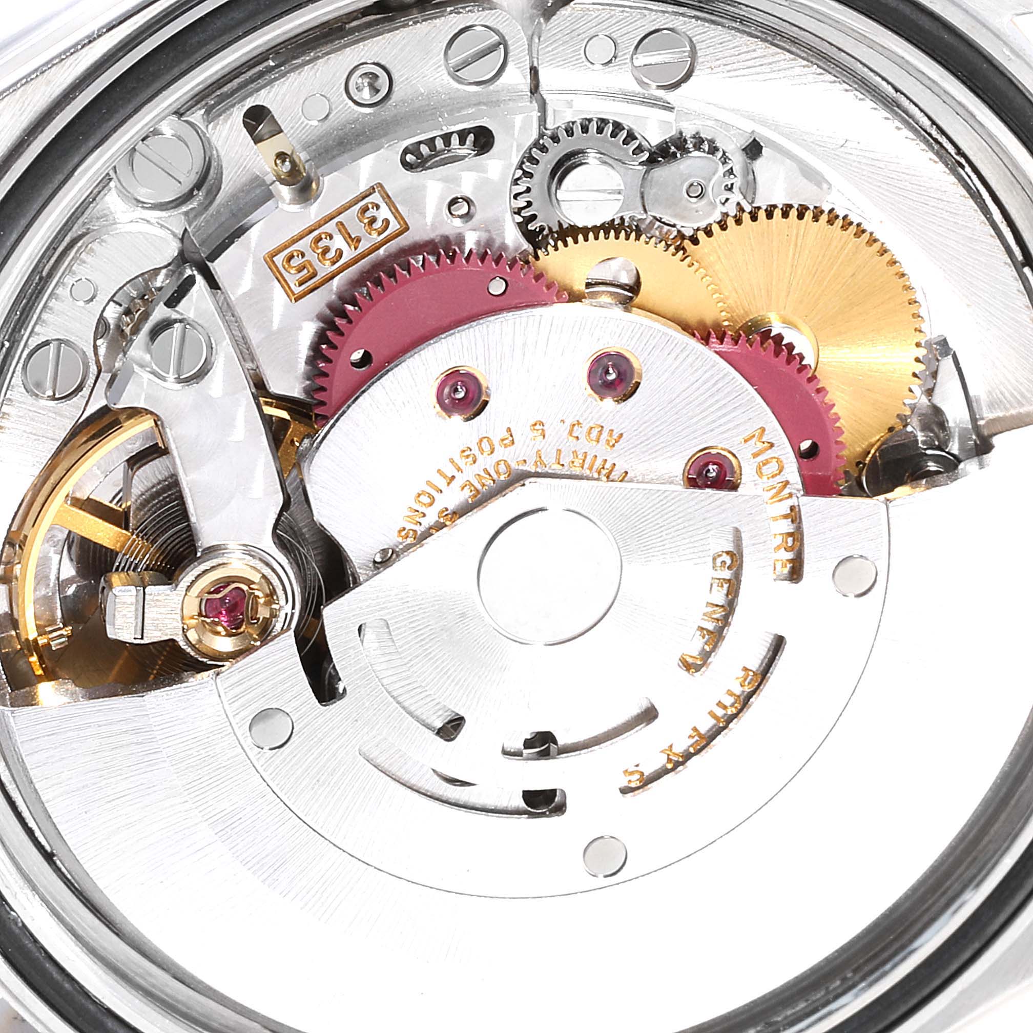 This close-up image shows the intricate movement and internal mechanical parts of a Rolex Datejust 16233 Men
s Stainless Steel White Dial 16233 Men
s Stainless Steel White Dial watch.