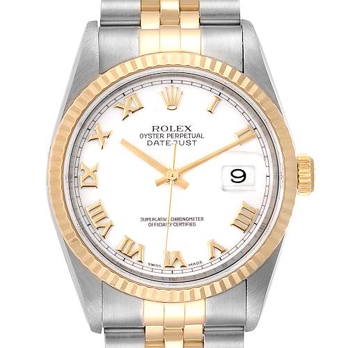 This image shows a Rolex Datejust watch from a front angle, featuring a white dial, gold Roman numerals, and a jubilee bracelet.