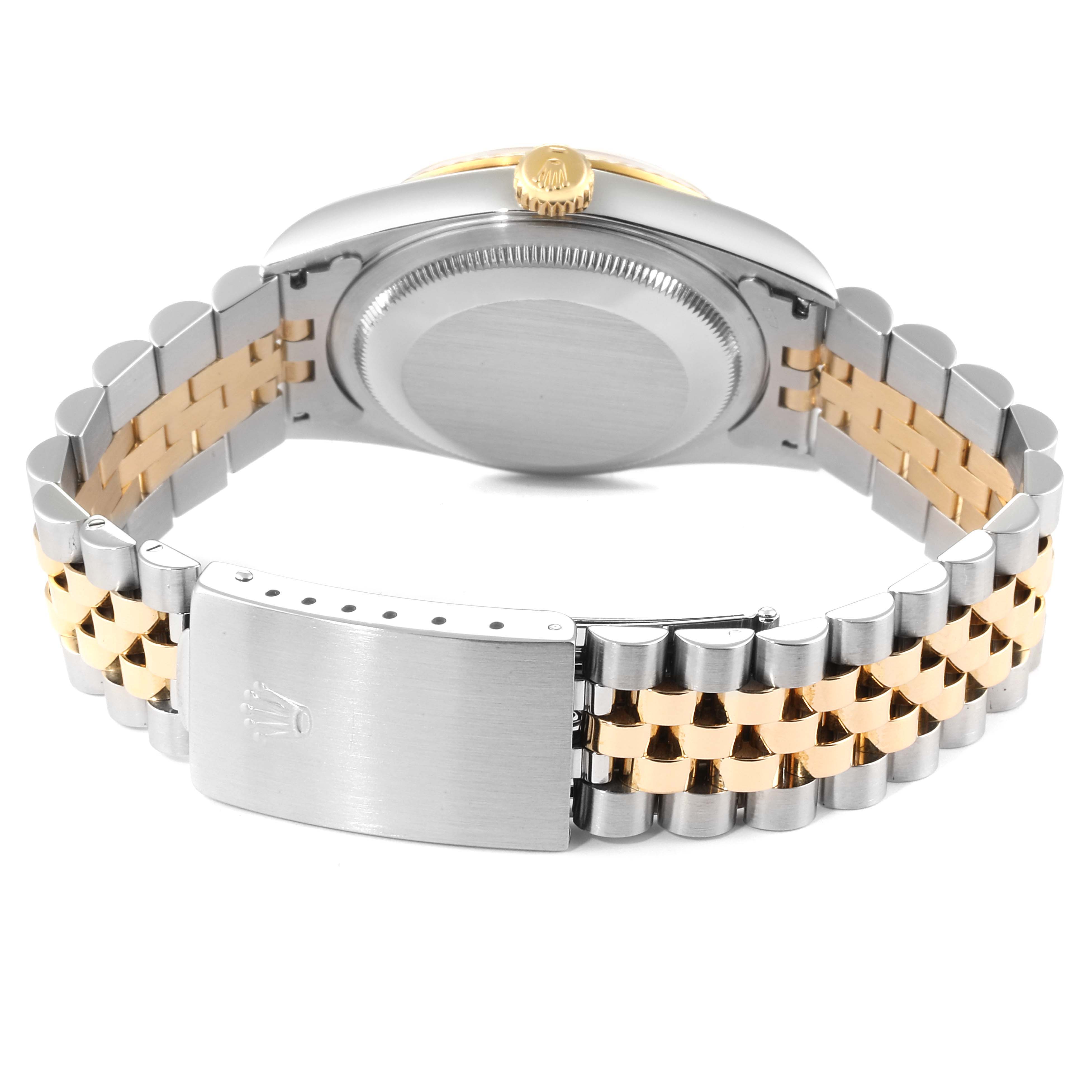 This image shows the back case and clasp of a Rolex Datejust 16233 Men
s Stainless Steel White Dial 16233 Men
s Stainless Steel White Dial watch, highlighting its two-tone bracelet.