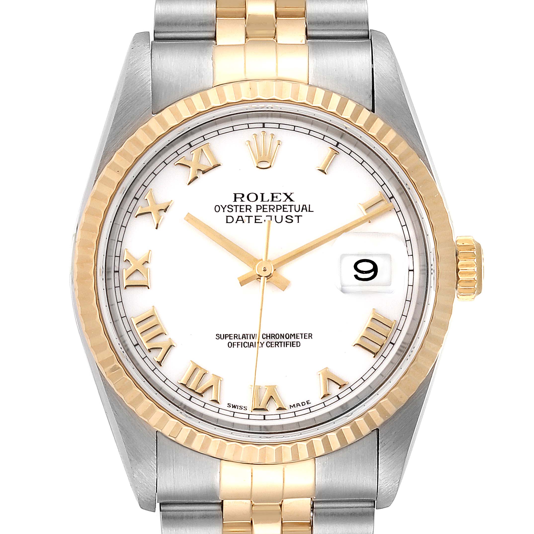 This is a close-up of a Rolex Datejust 16233 Men
s Stainless Steel White Dial 16233 Men
s Stainless Steel White Dial watch showing the face, bezel, crown, and part of the bracelet.