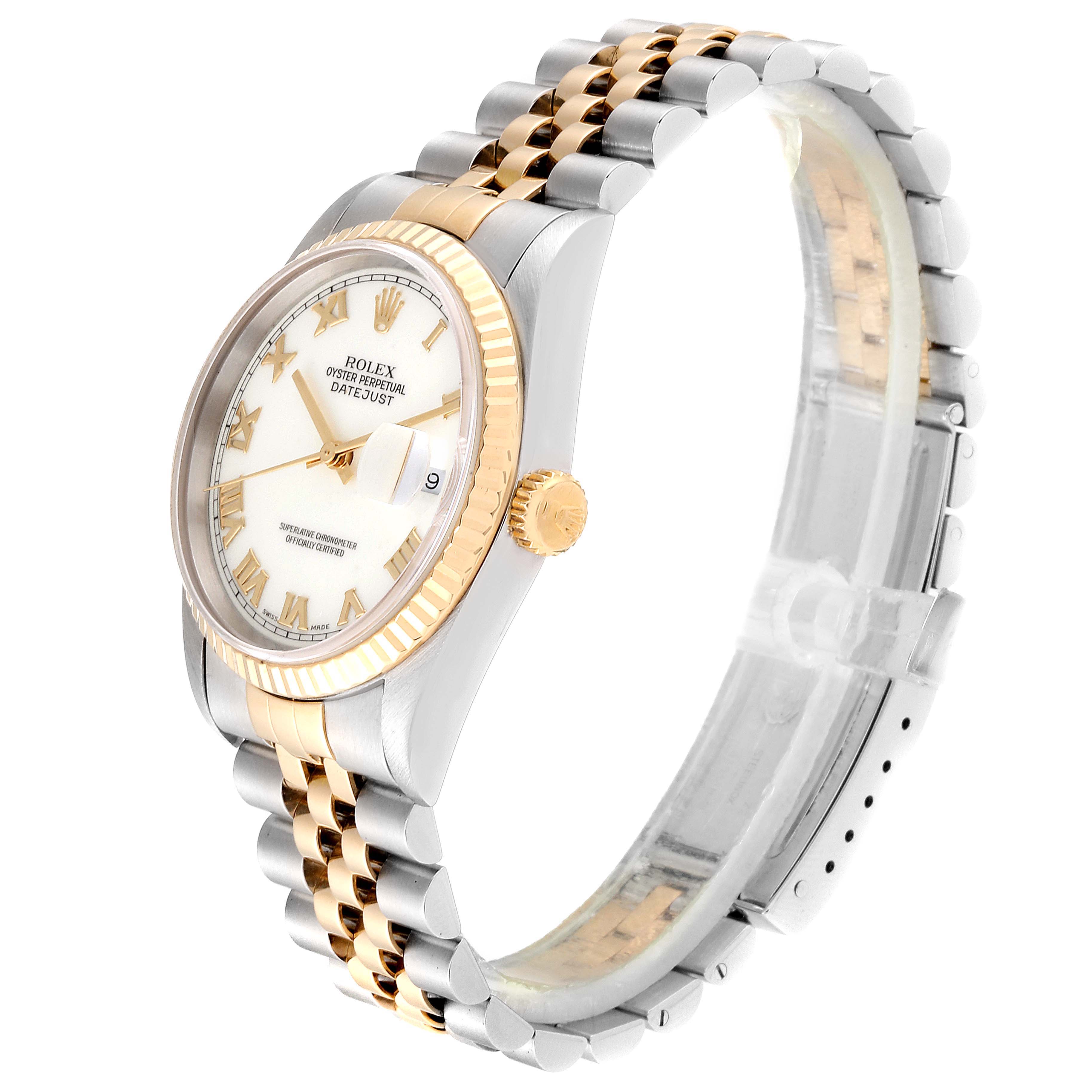This image displays a side angle view of a Rolex Datejust 16233 Men
s Stainless Steel White Dial 16233 Men
s Stainless Steel White Dial watch featuring a two-tone bracelet, fluted bezel, and a white dial with gold Roman numerals.