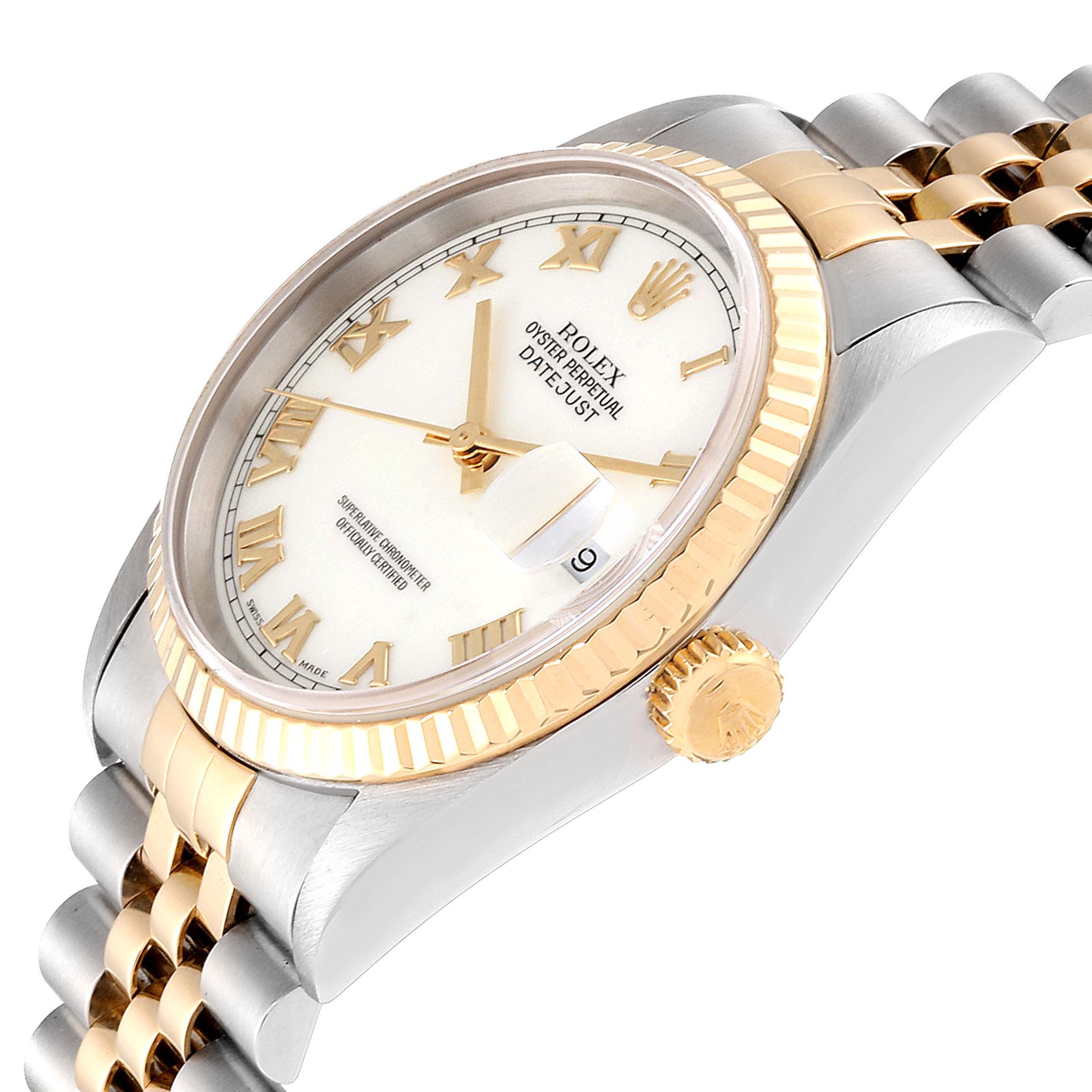 The Rolex Datejust 16233 Men
s Stainless Steel White Dial 16233 Men
s Stainless Steel White Dial watch is shown at an angle displaying its face, bezel, crown, and part of the bracelet.