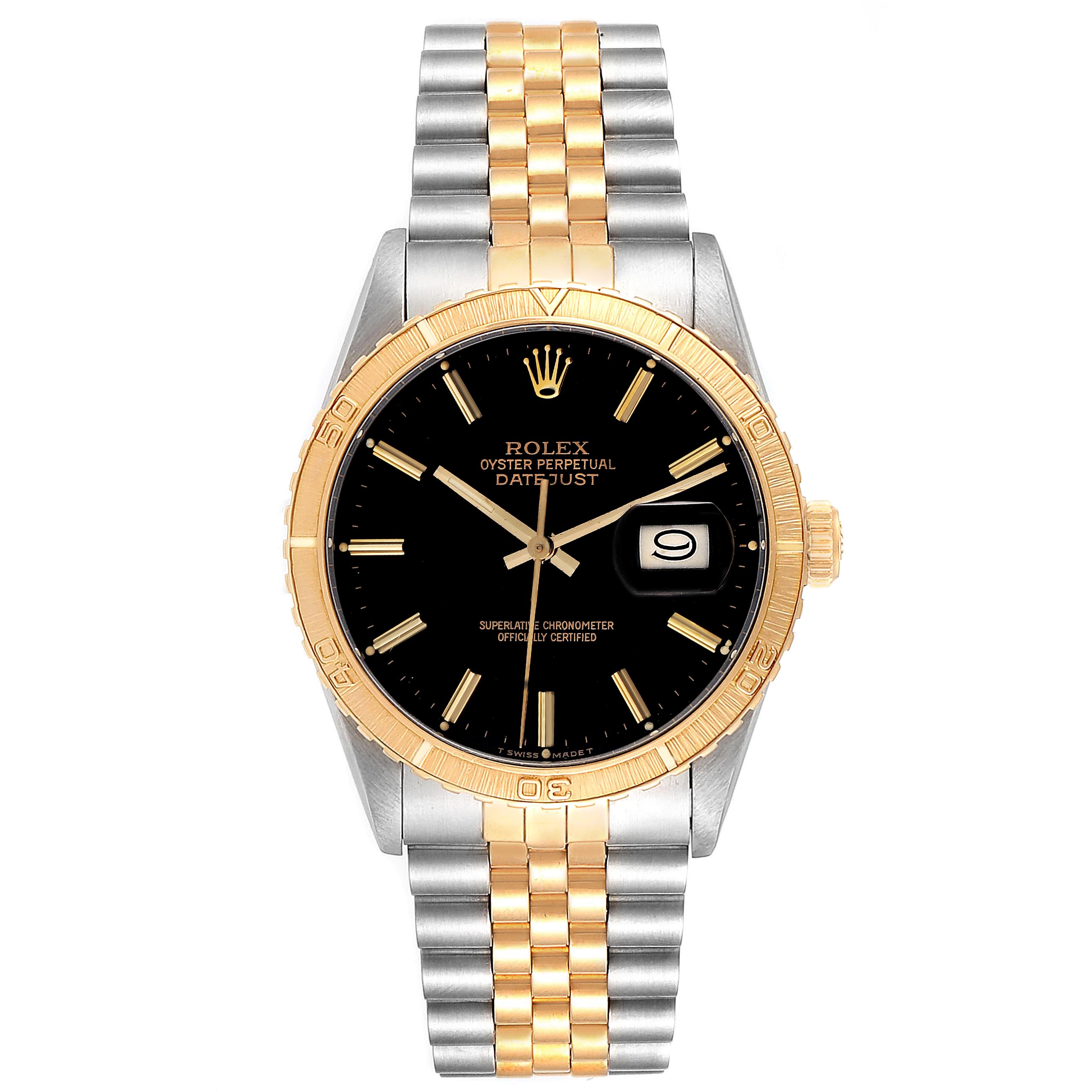 The Rolex Vintage Collection 16253 Men's Steel and Gold (two tone) Black Dial 16253 Men's Steel and Gold (two tone) Black Dial Datejust model is shown from a front angle, featuring a black dial, gold bezel, and two-tone bracelet.