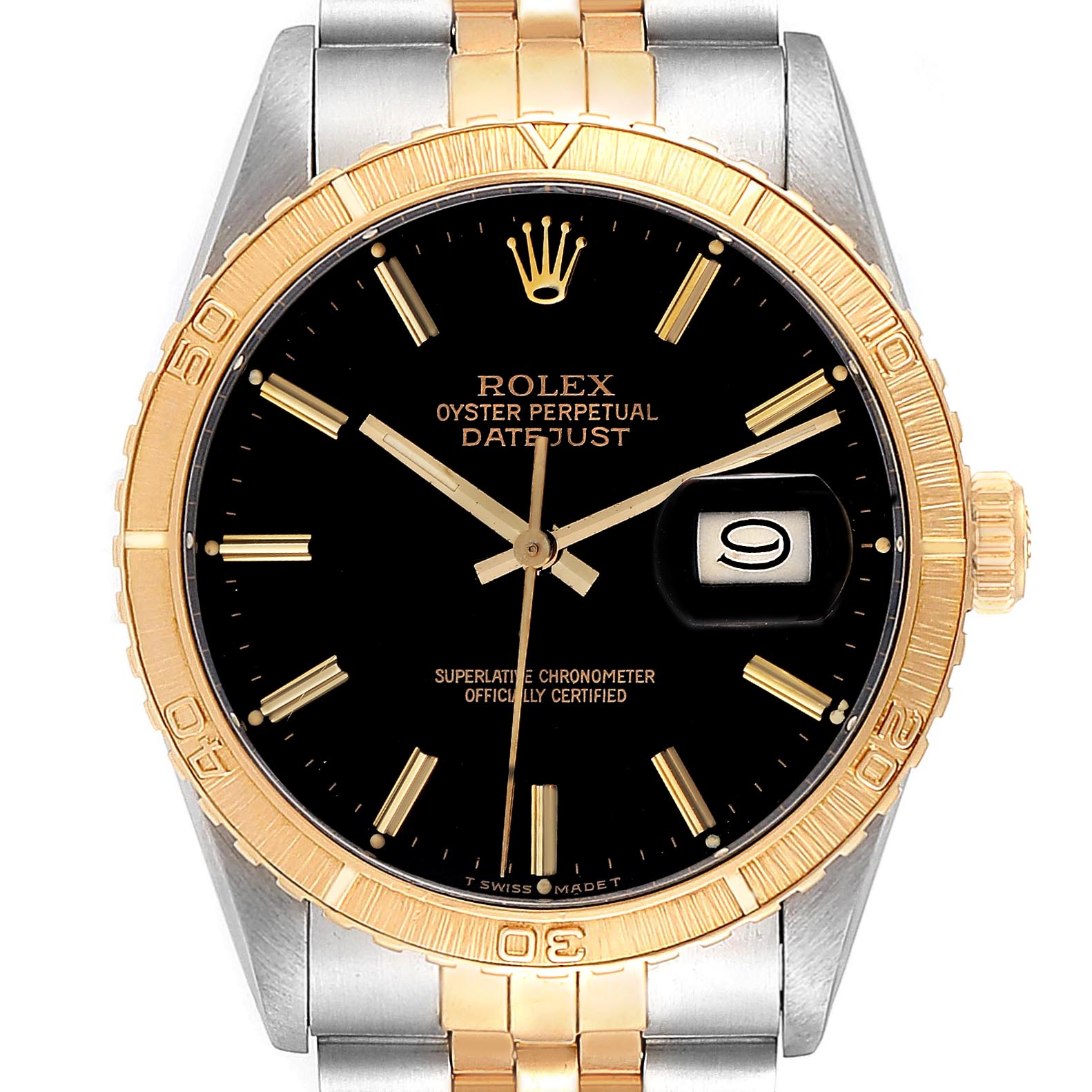 This image shows a frontal view of a Rolex Vintage Collection 16253 Men's Steel and Gold (two tone) Black Dial 16253 Men's Steel and Gold (two tone) Black Dial Oyster Perpetual Datejust watch, displaying its face, bezel, and bracelet.