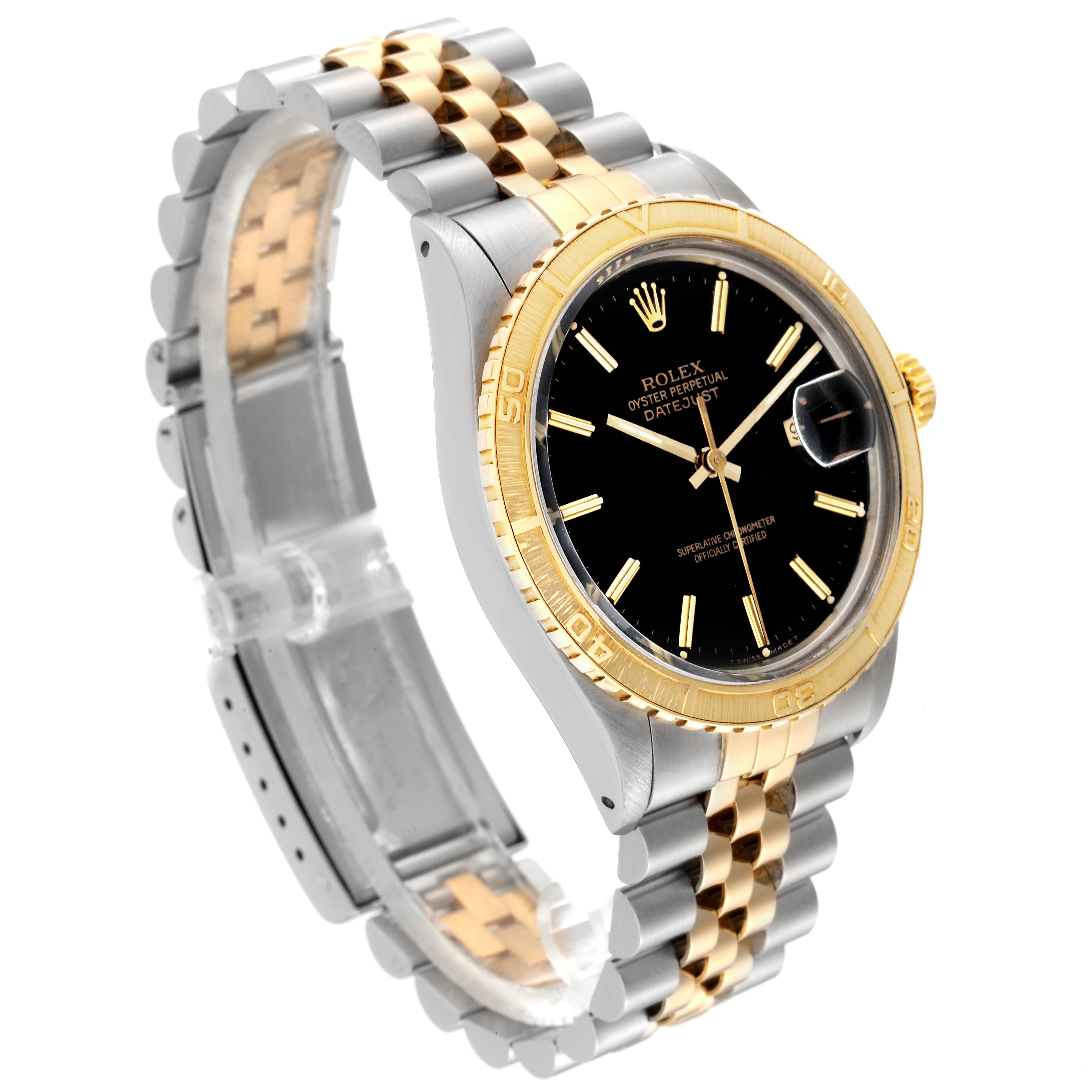The image shows a Rolex Vintage Collection 16253 Men's Steel and Gold (two tone) Black Dial 16253 Men's Steel and Gold (two tone) Black Dial watch at a three-quarter angle, highlighting its black dial, gold bezel, and two-tone bracelet.