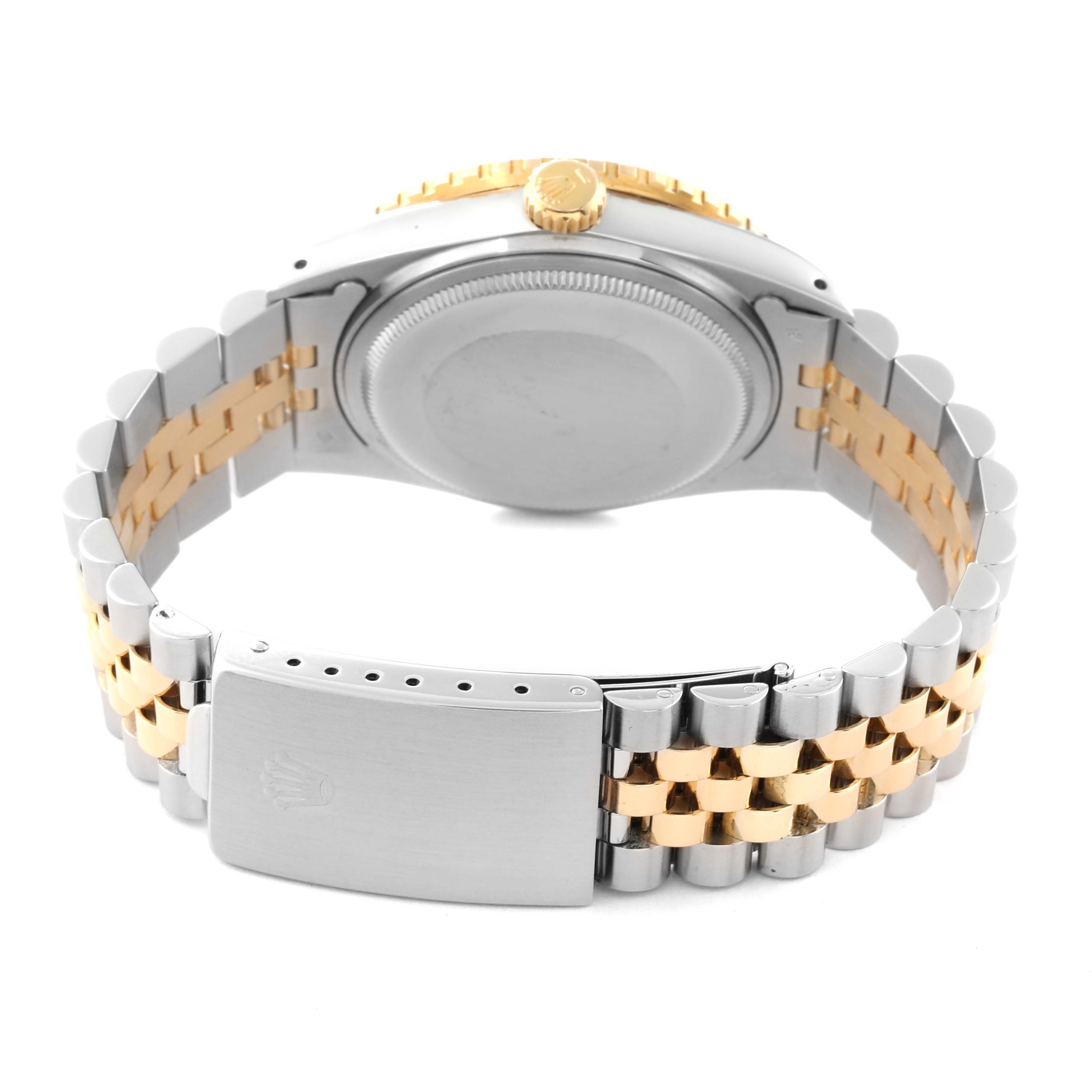 The image shows the back and clasp of the Rolex Vintage Collection 16253 Men's Steel and Gold (two tone) Black Dial 16253 Men's Steel and Gold (two tone) Black Dial model watch, highlighting its two-tone metal bracelet.