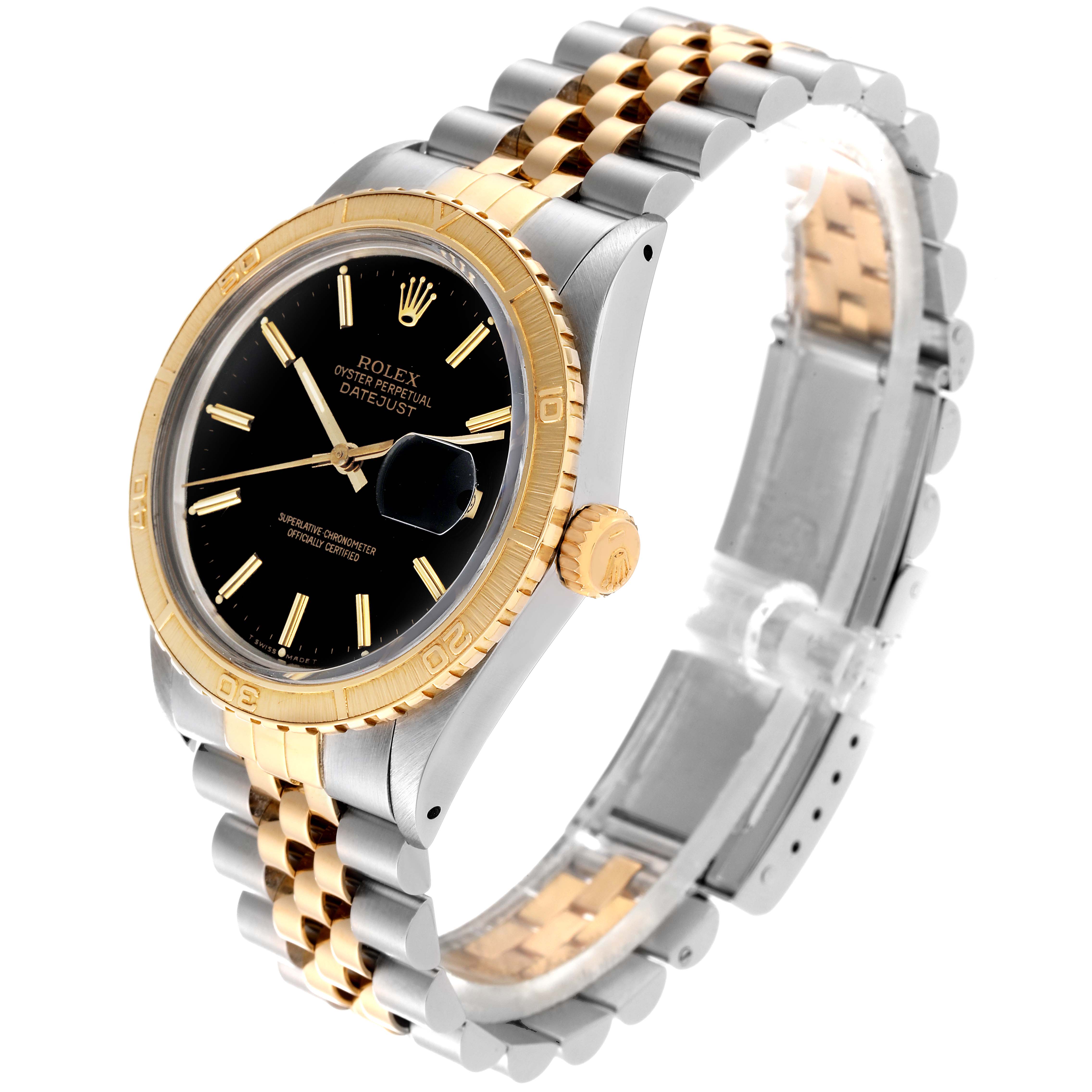 The Rolex Vintage Collection 16253 Men's Steel and Gold (two tone) Black Dial 16253 Men's Steel and Gold (two tone) Black Dial model watch is shown from a three-quarter angle, displaying the face, bezel, crown, and two-tone bracelet.