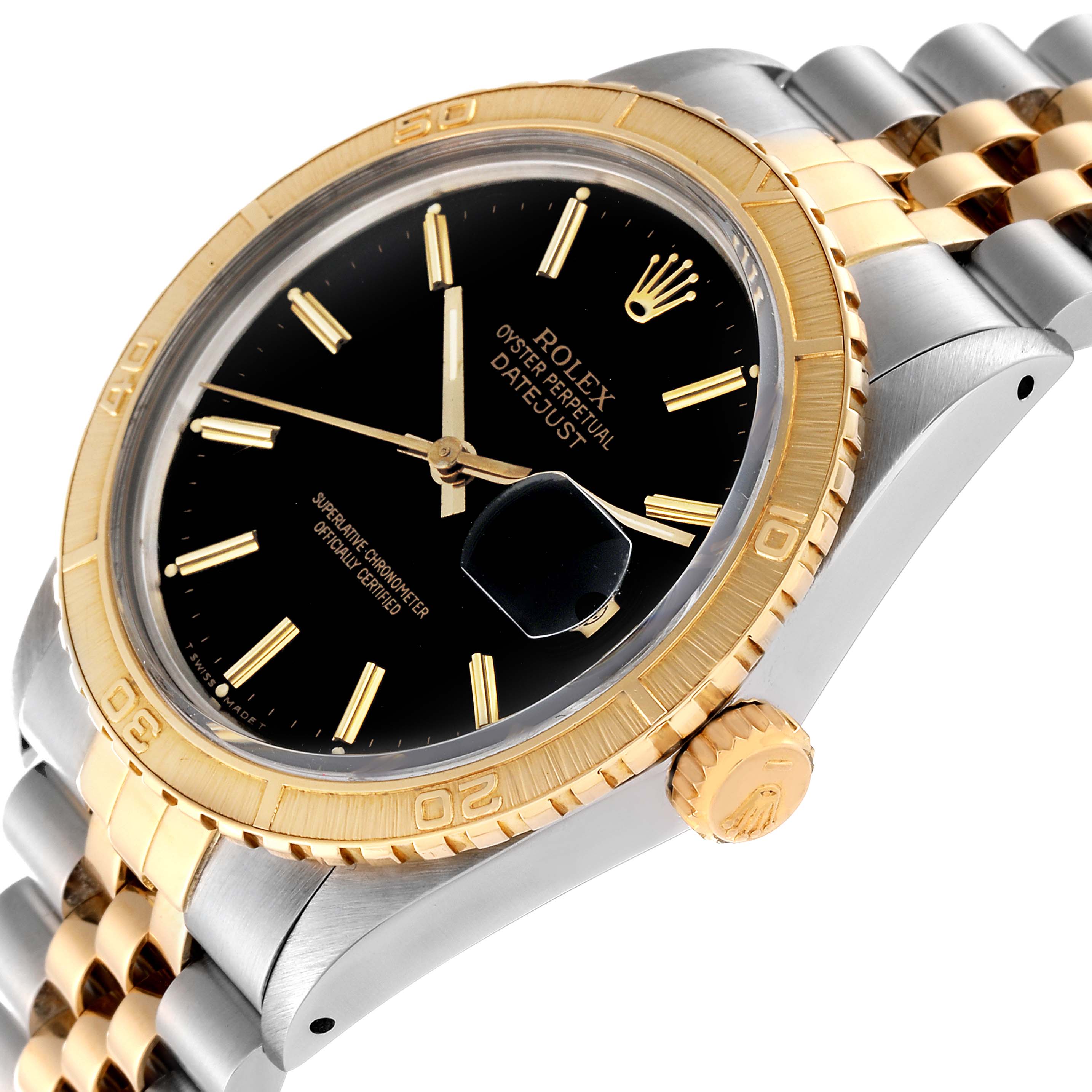 The Rolex Vintage Collection 16253 Men's Steel and Gold (two tone) Black Dial 16253 Men's Steel and Gold (two tone) Black Dial model is shown at an angle displaying the dial, bezel, crown, and part of the bracelet with gold and silver accents.