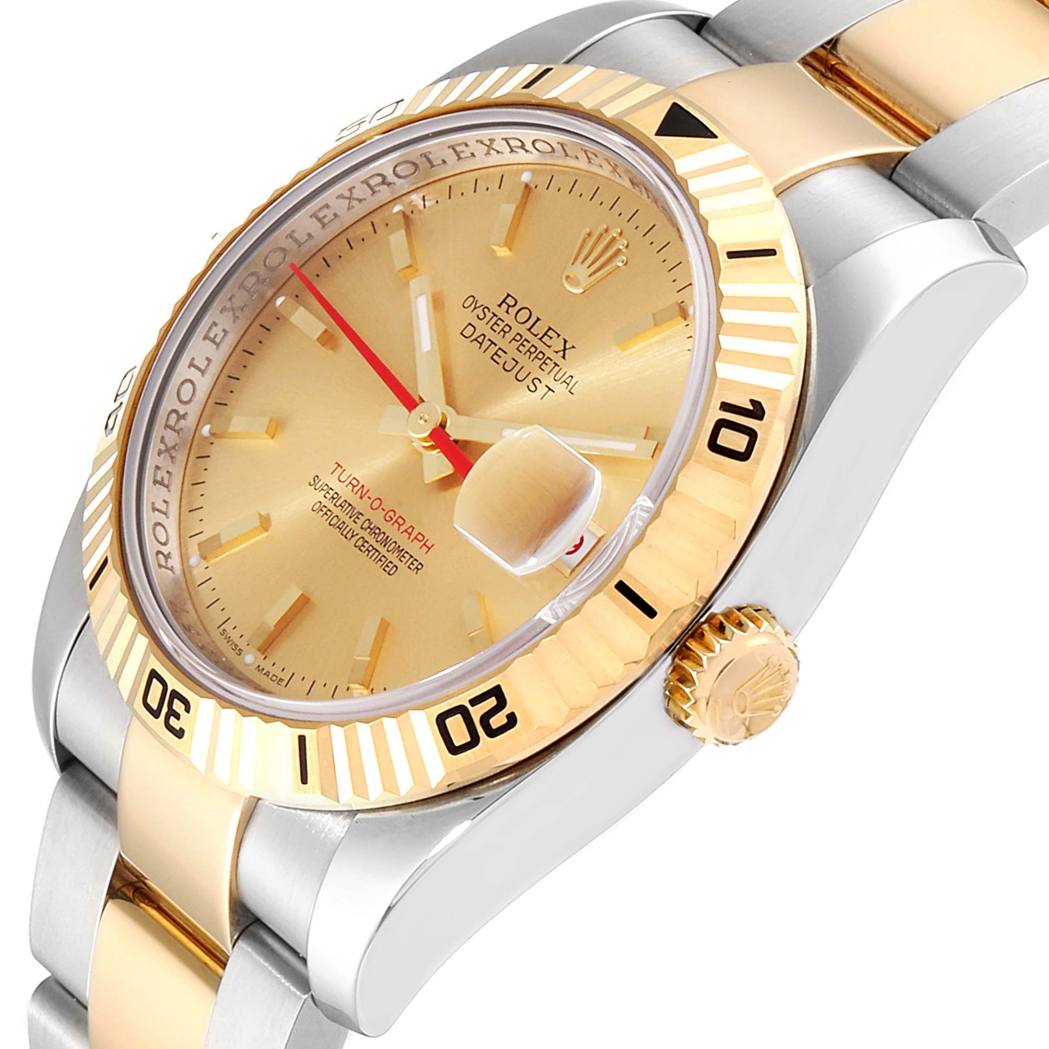 The image shows a close-up angle of the Rolex Turn-o-Graph 116263 Men
s Steel and Gold (two tone) Champagne Dial 116263 Men
s Steel and Gold (two tone) Champagne Dial
s face, bezel, crown, and part of the bracelet.