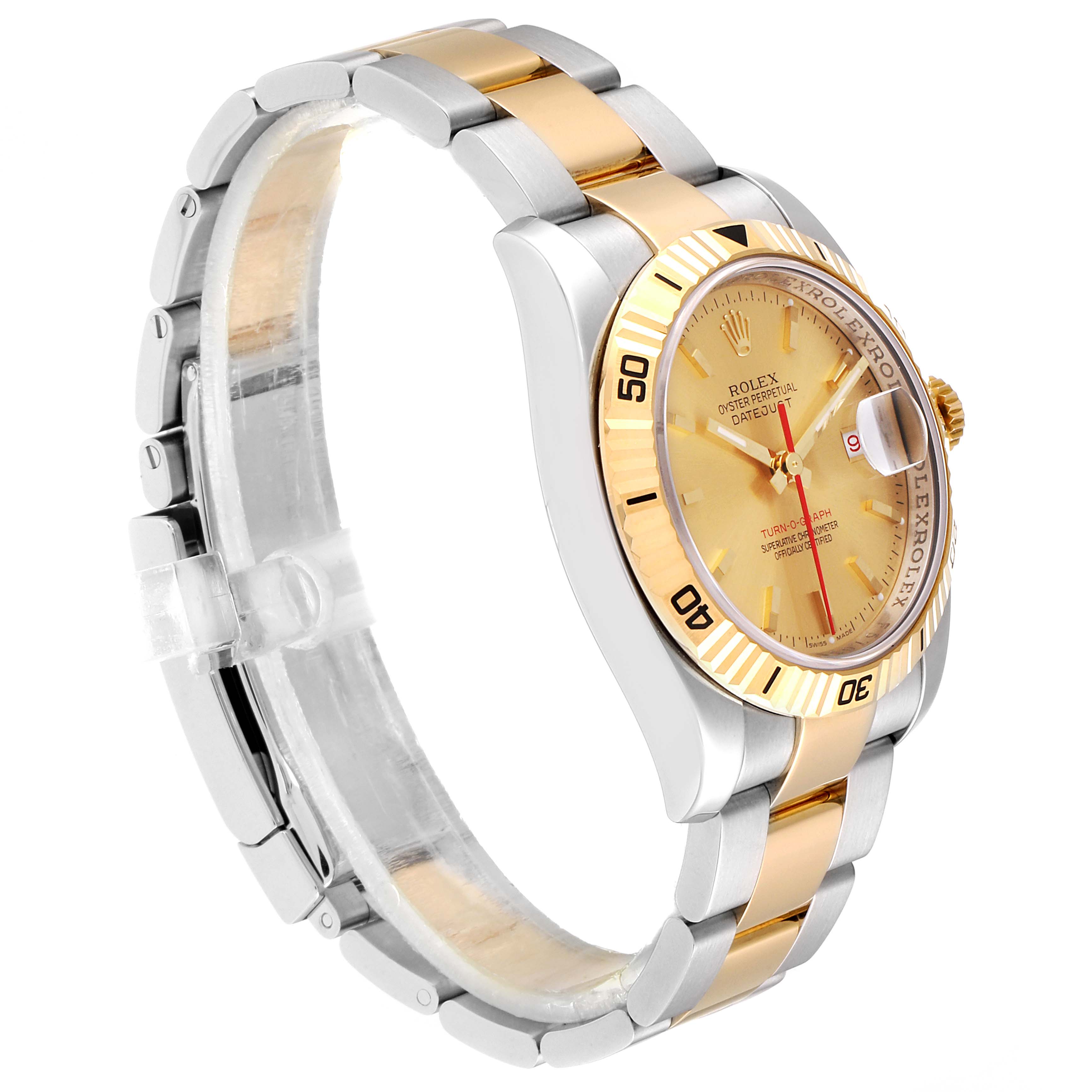 The image shows a side angle of the Rolex Turn-o-Graph 116263 Men
s Steel and Gold (two tone) Champagne Dial 116263 Men
s Steel and Gold (two tone) Champagne Dial watch, highlighting its gold and stainless steel bracelet and fluted bezel.