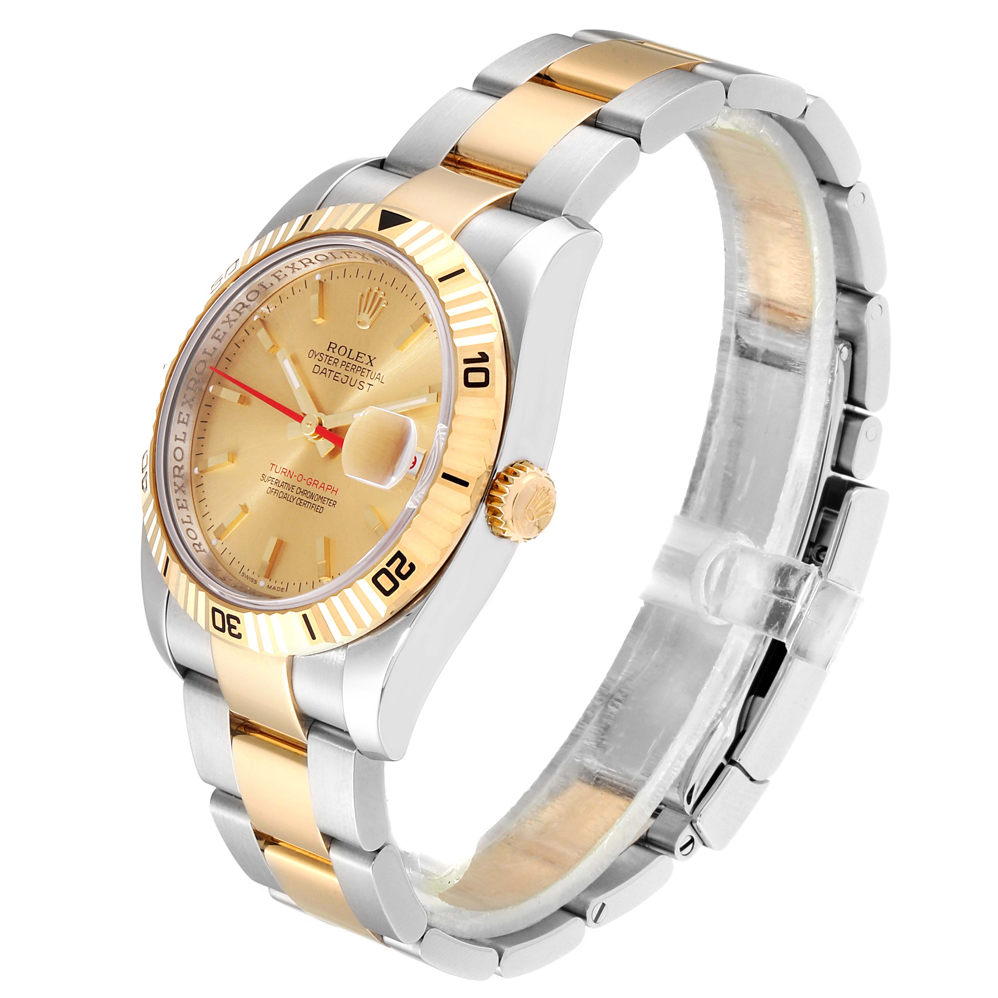 This image shows a Rolex Turn-o-Graph 116263 Men
s Steel and Gold (two tone) Champagne Dial 116263 Men
s Steel and Gold (two tone) Champagne Dial watch at a three-quarter angle, highlighting the face, bezel, and bracelet.