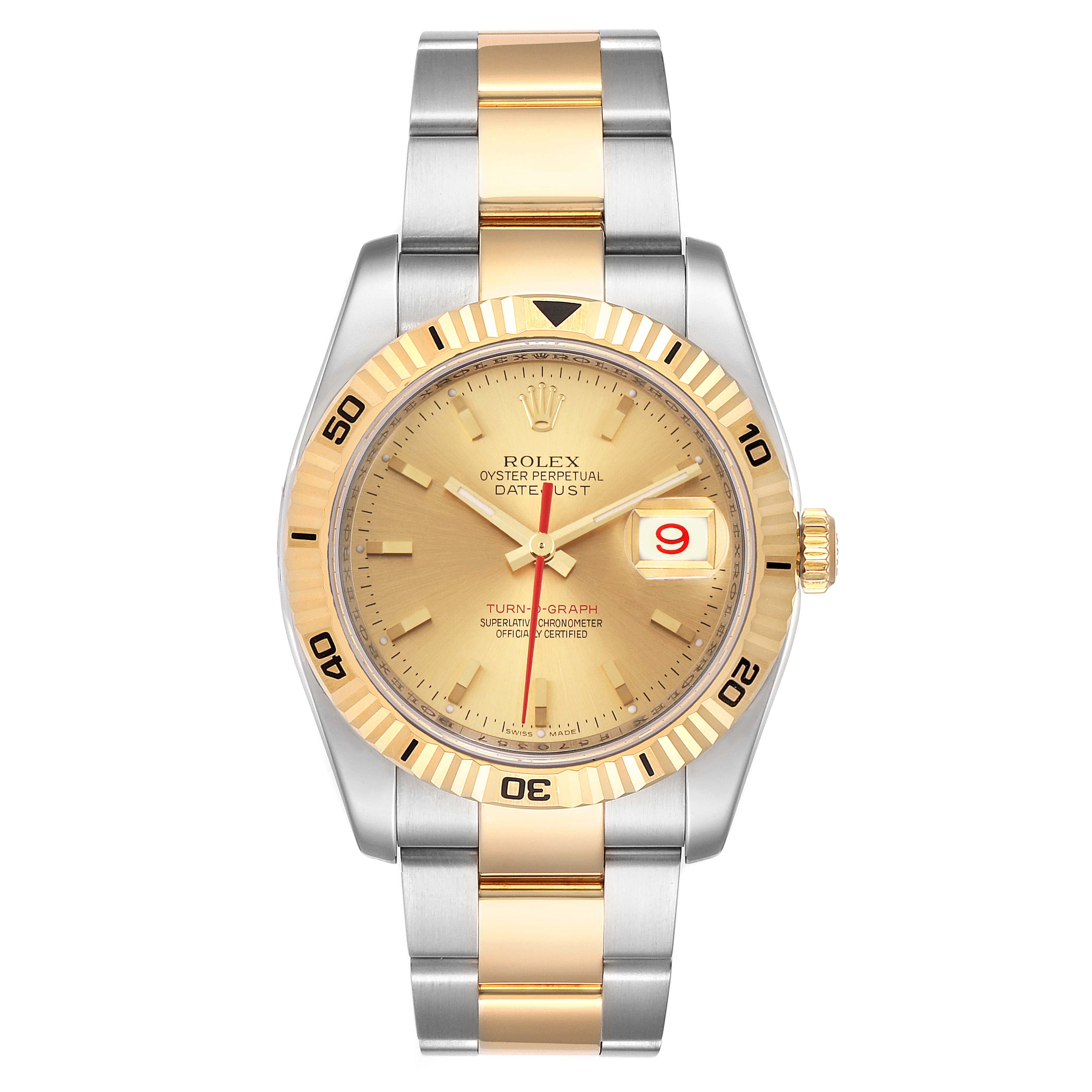 The Rolex Turn-o-Graph 116263 Men
s Steel and Gold (two tone) Champagne Dial 116263 Men
s Steel and Gold (two tone) Champagne Dial watch is shown from a front angle, displaying the face, bezel, and bracelet.