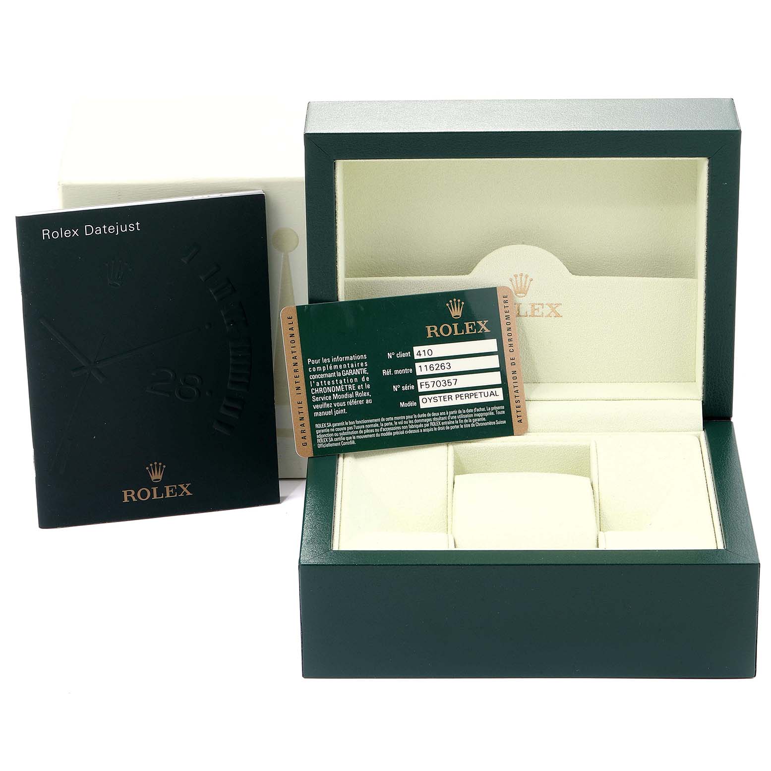 The image shows the packaging materials, warranty card, and manual for a Rolex Turn-o-Graph 116263 Men
s Steel and Gold (two tone) Champagne Dial 116263 Men
s Steel and Gold (two tone) Champagne Dial watch.