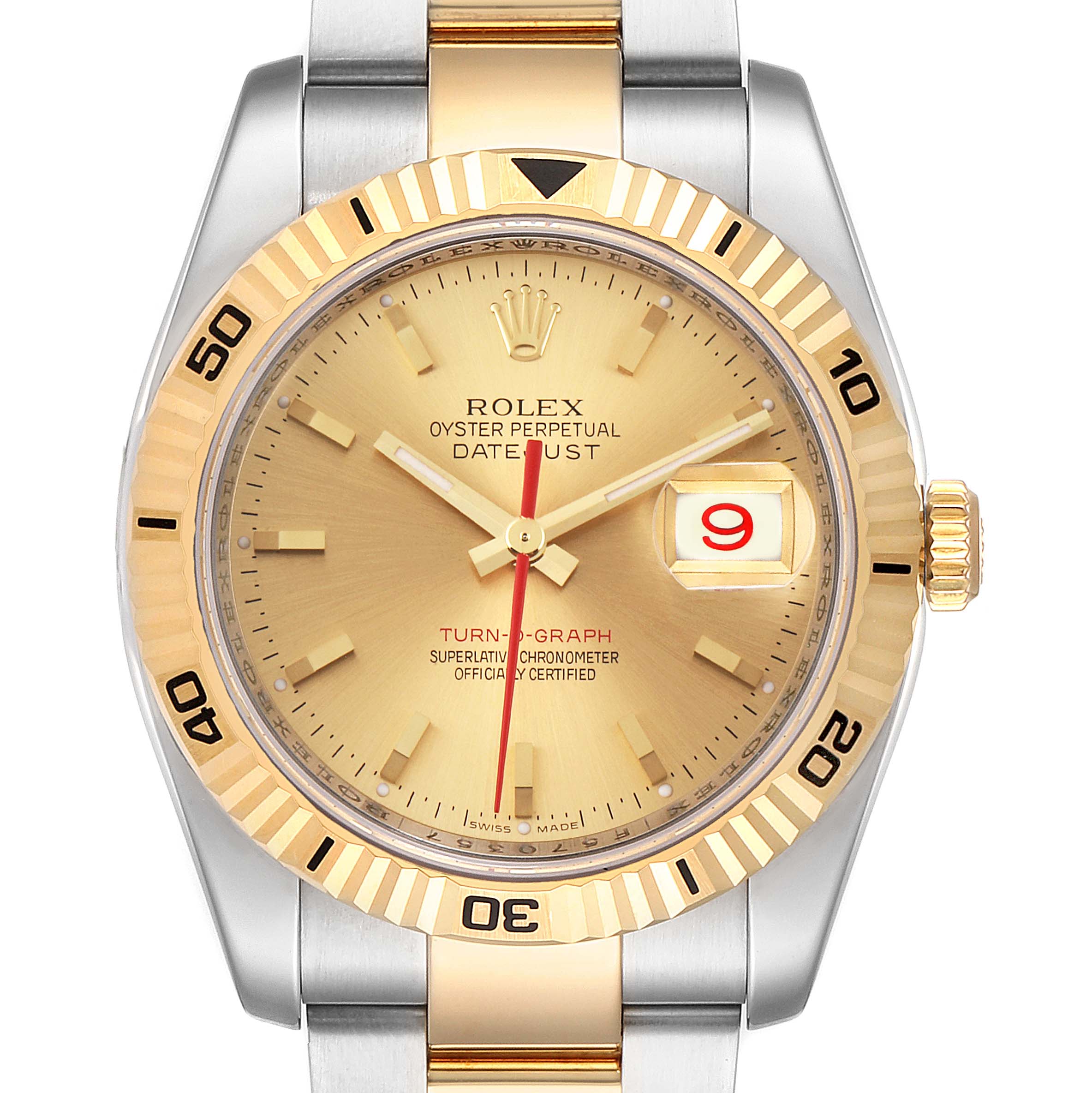This image shows a frontal view of the Rolex Turn-o-Graph 116263 Men
s Steel and Gold (two tone) Champagne Dial 116263 Men
s Steel and Gold (two tone) Champagne Dial Datejust, highlighting its gold bezel, dial, and date window.