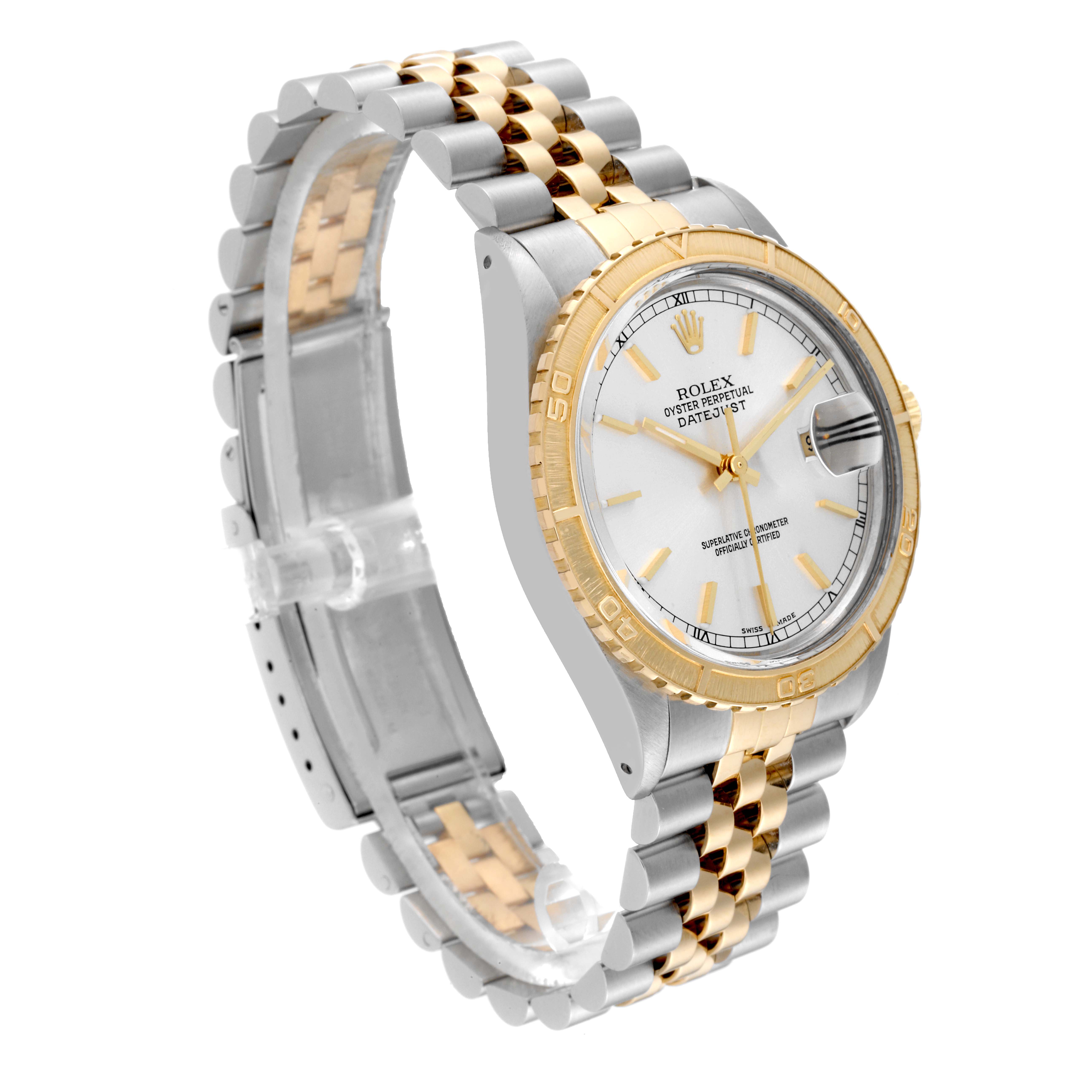 The image shows a Rolex Turn-o-Graph 16253 Men
s Steel and Gold (two tone) Silver Dial 16253 Men
s Steel and Gold (two tone) Silver Dial with a two-tone bracelet and a gold bezel, displayed at an angle highlighting the face and part of the band.