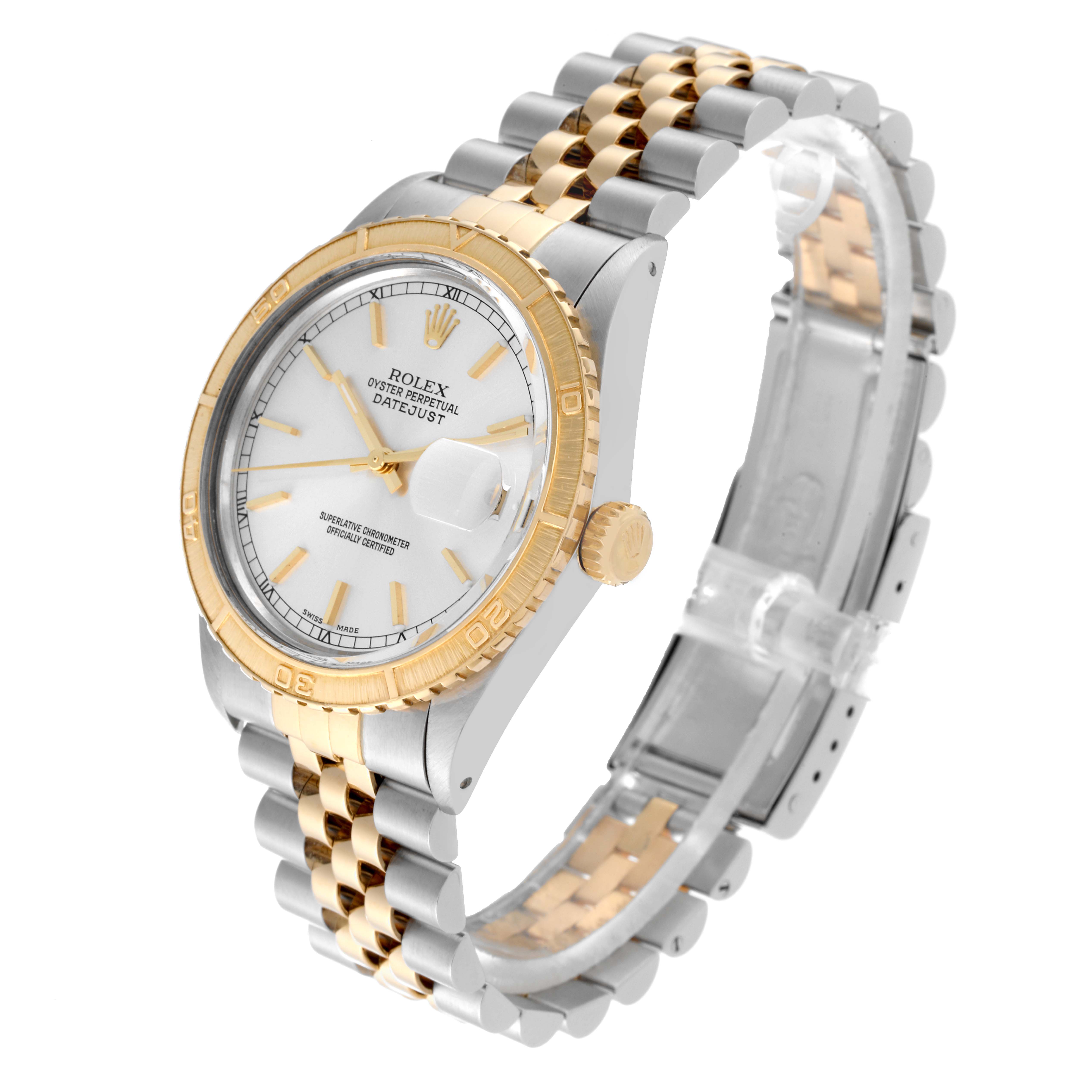 The image shows a Rolex Turn-o-Graph 16253 Men
s Steel and Gold (two tone) Silver Dial 16253 Men
s Steel and Gold (two tone) Silver Dial watch angled from the front and right side, displaying the dial, case, bezel, bracelet, and crown.