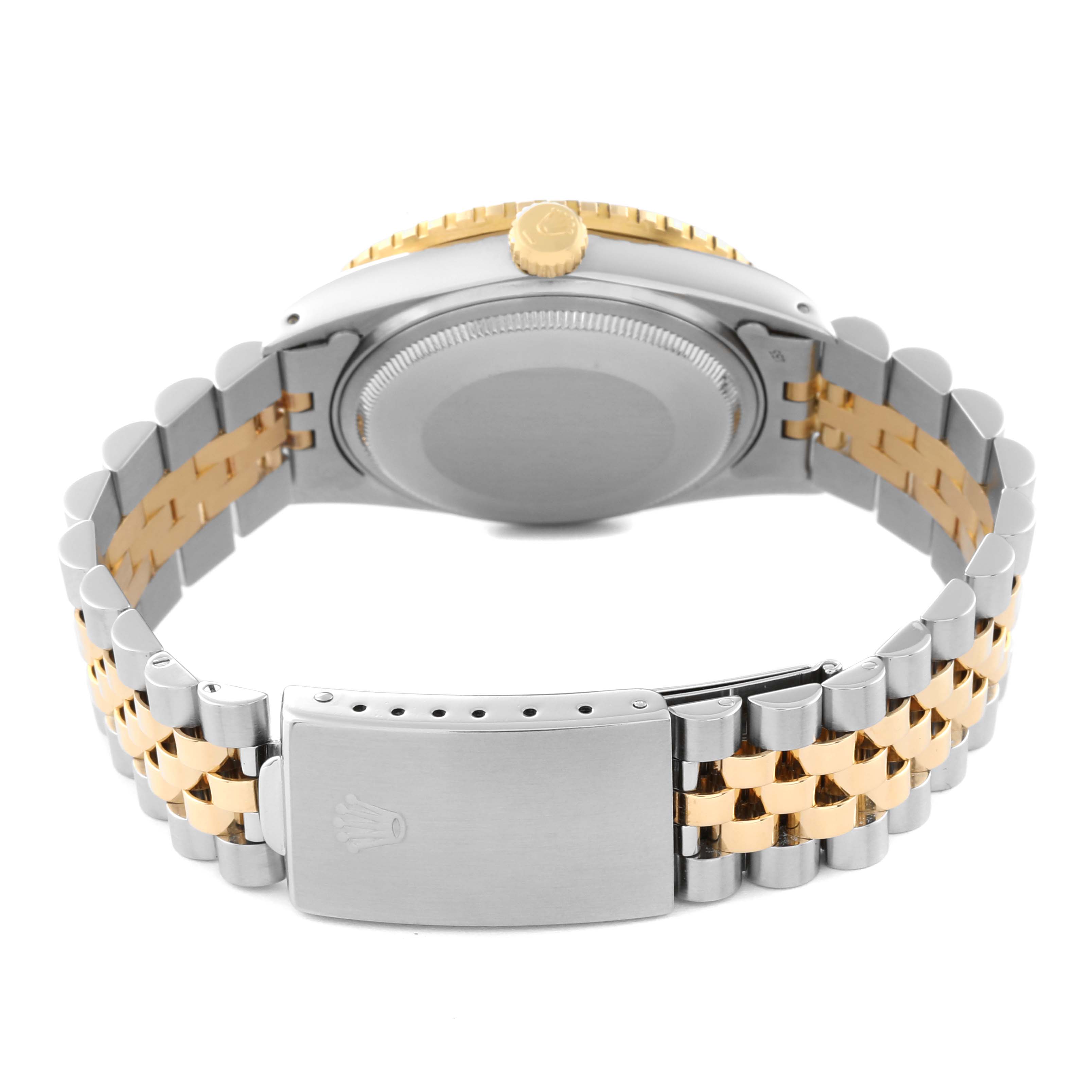 The image shows the back view of the Rolex Turn-o-Graph 16253 Men
s Steel and Gold (two tone) Silver Dial 16253 Men
s Steel and Gold (two tone) Silver Dial watch, highlighting its clasp, bracelet, and case back.