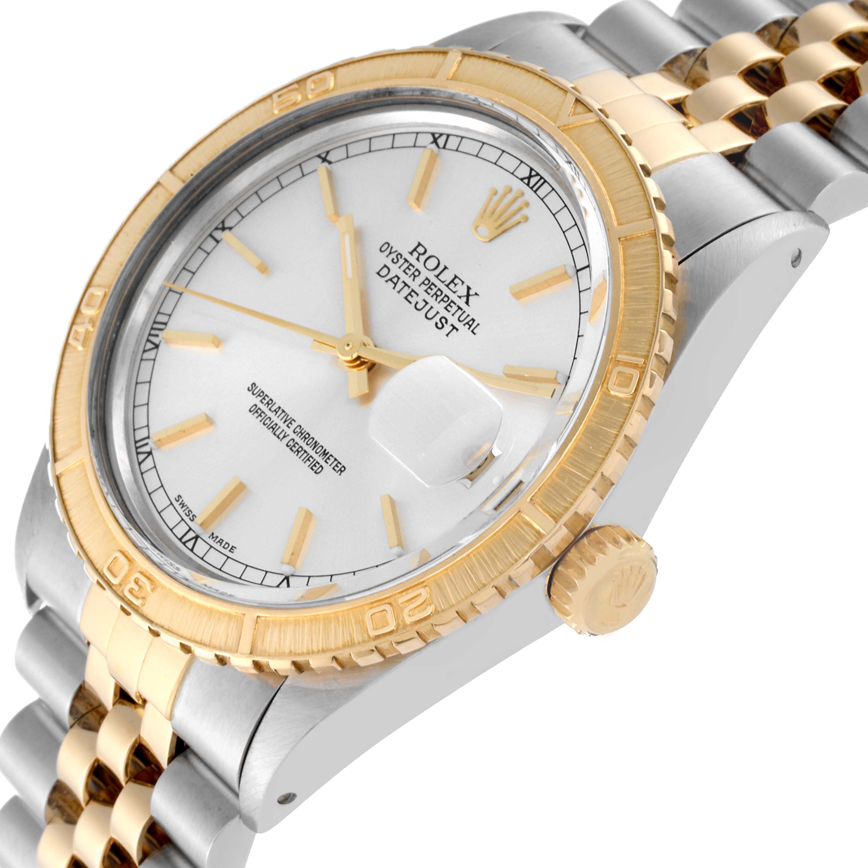 The image shows a close-up, angled view of the Rolex Turn-o-Graph 16253 Men
s Steel and Gold (two tone) Silver Dial 16253 Men
s Steel and Gold (two tone) Silver Dial watch, highlighting the dial, bezel, and two-tone bracelet.