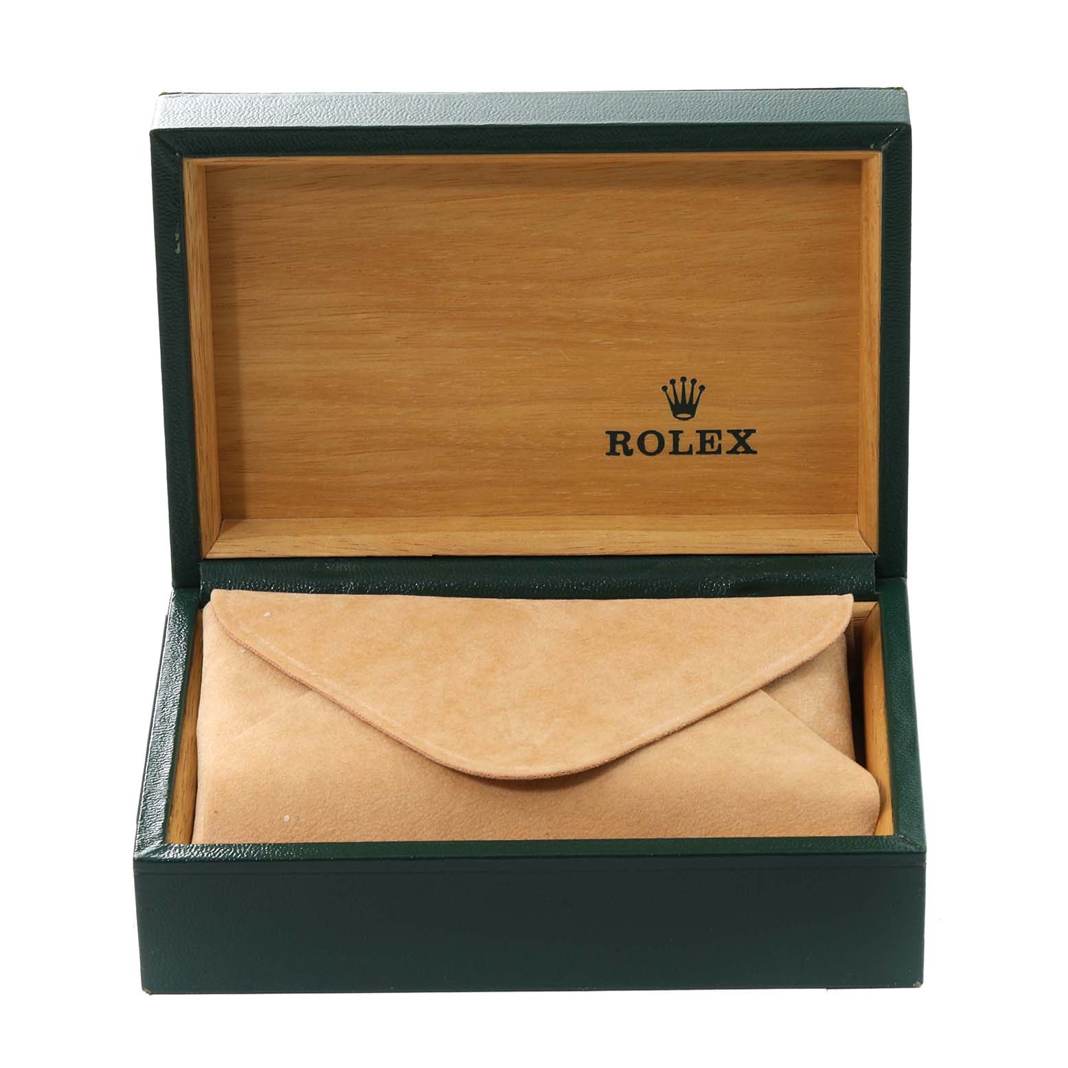 The image shows an open Rolex Turn-o-Graph 16253 Men
s Steel and Gold (two tone) Silver Dial 16253 Men
s Steel and Gold (two tone) Silver Dial watch box with a beige suede pouch inside.