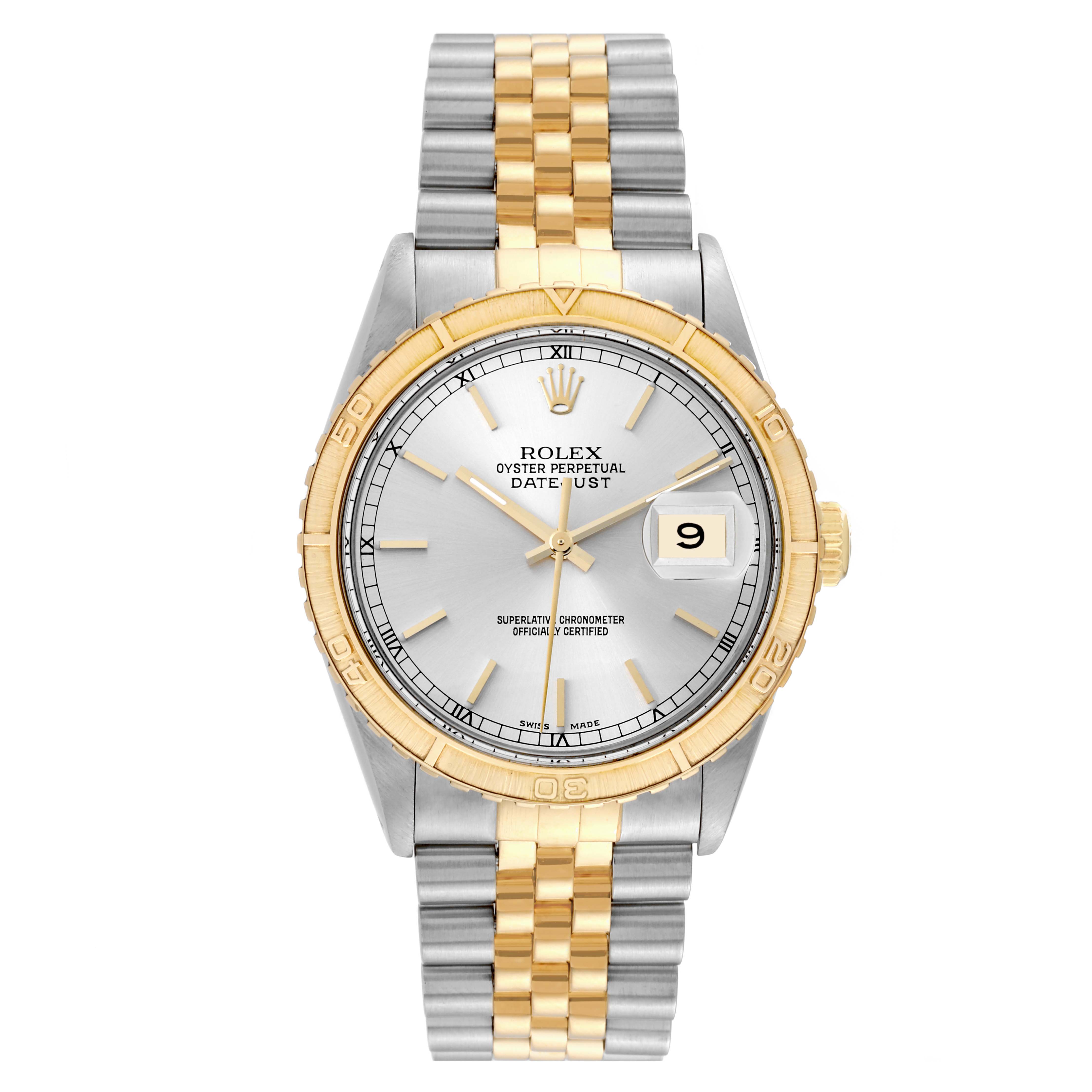 The image shows a front view of the Rolex Turn-o-Graph 16253 Men
s Steel and Gold (two tone) Silver Dial 16253 Men
s Steel and Gold (two tone) Silver Dial, featuring a silver dial, gold bezel, and a two-tone metal bracelet.