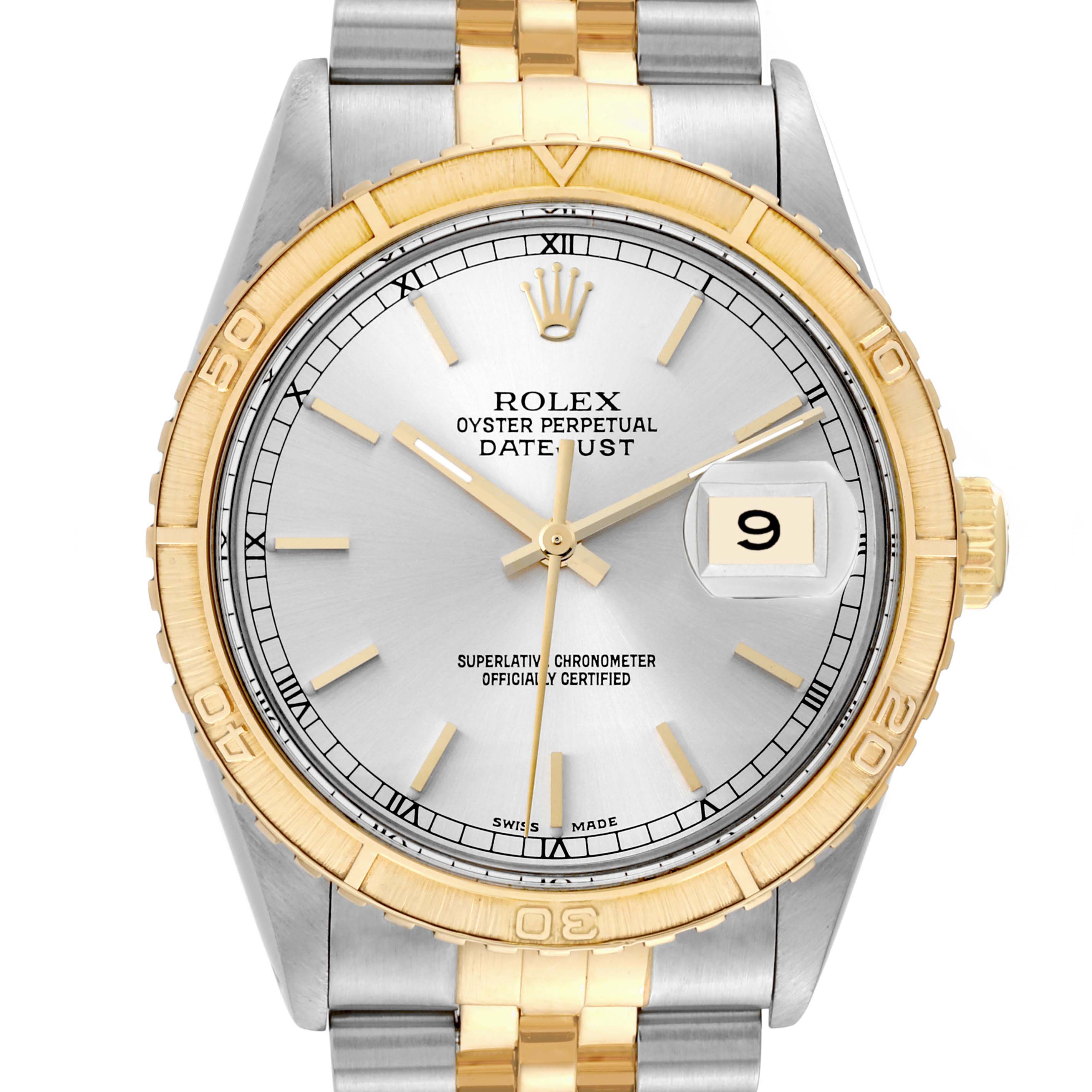 The image shows a front view of a Rolex Turn-o-Graph 16253 Men
s Steel and Gold (two tone) Silver Dial 16253 Men
s Steel and Gold (two tone) Silver Dial watch, emphasizing the dial, bezel, hands, date window, and part of the bracelet.