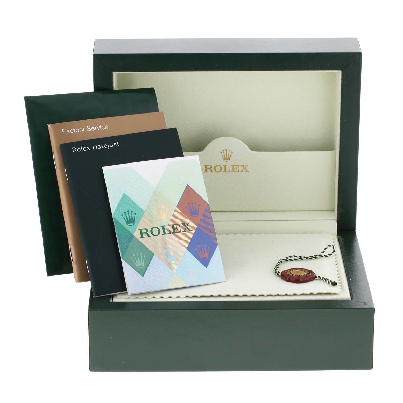 This image shows the accessories of a Rolex President 116238 Men
s Yellow Gold Champagne Dial 116238 Men
s Yellow Gold Champagne Dial model: a box, manuals, and a hanging tag.