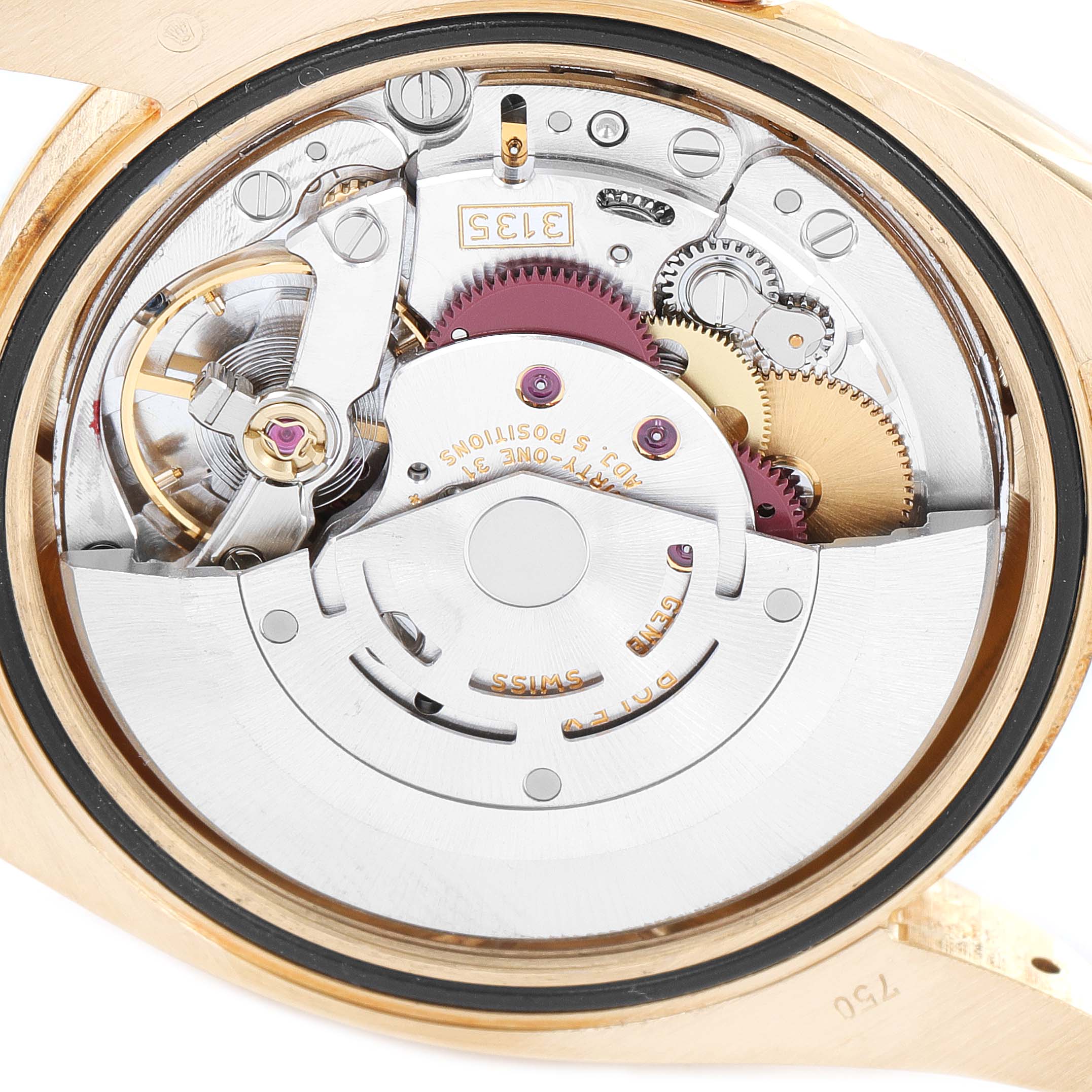The image shows a close-up view of the internal movement mechanism of a Rolex President 116238 Men
s Yellow Gold Champagne Dial 116238 Men
s Yellow Gold Champagne Dial model watch.