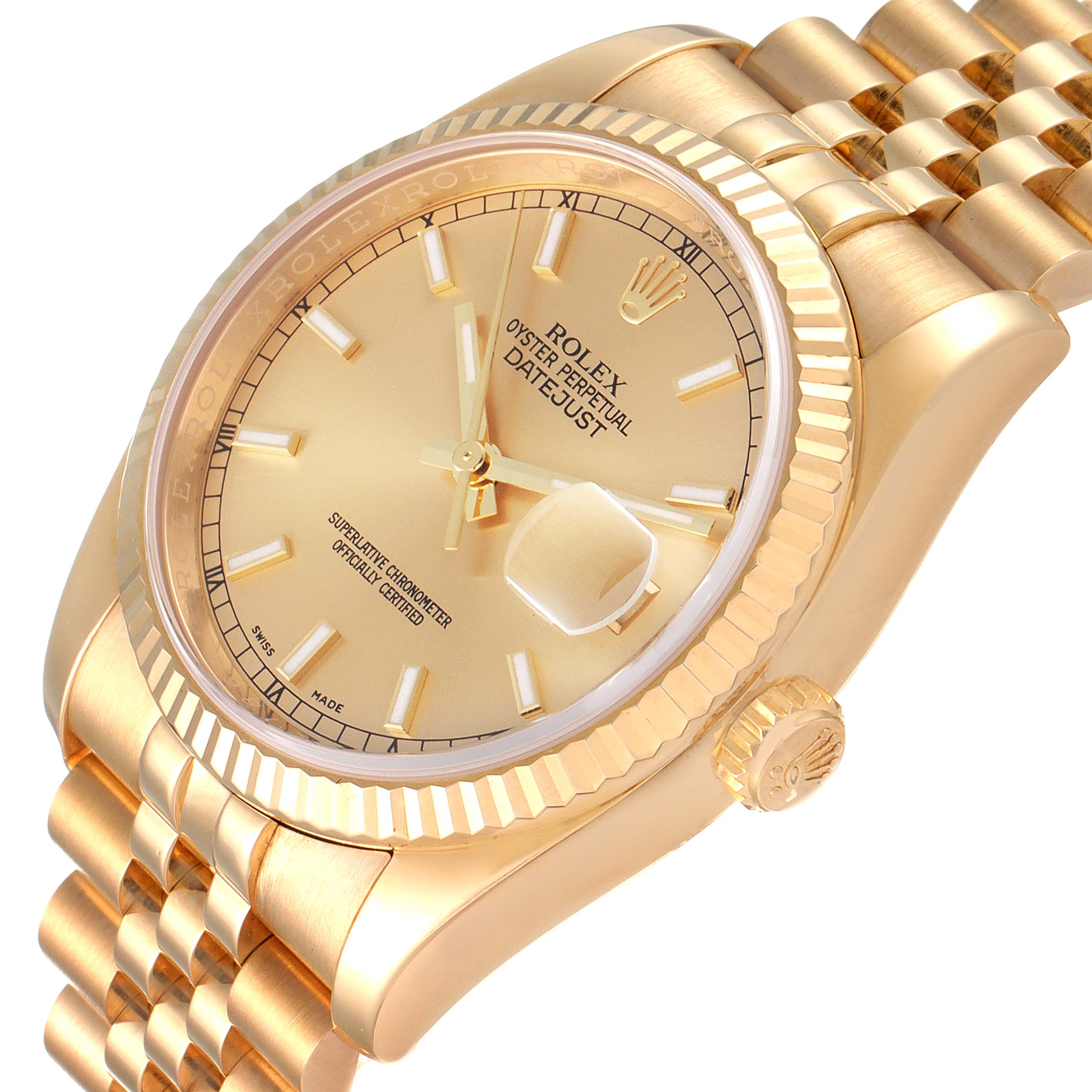 This Rolex President 116238 Men
s Yellow Gold Champagne Dial 116238 Men
s Yellow Gold Champagne Dial model watch is shown at an oblique angle, featuring its face, crown, and bracelet.