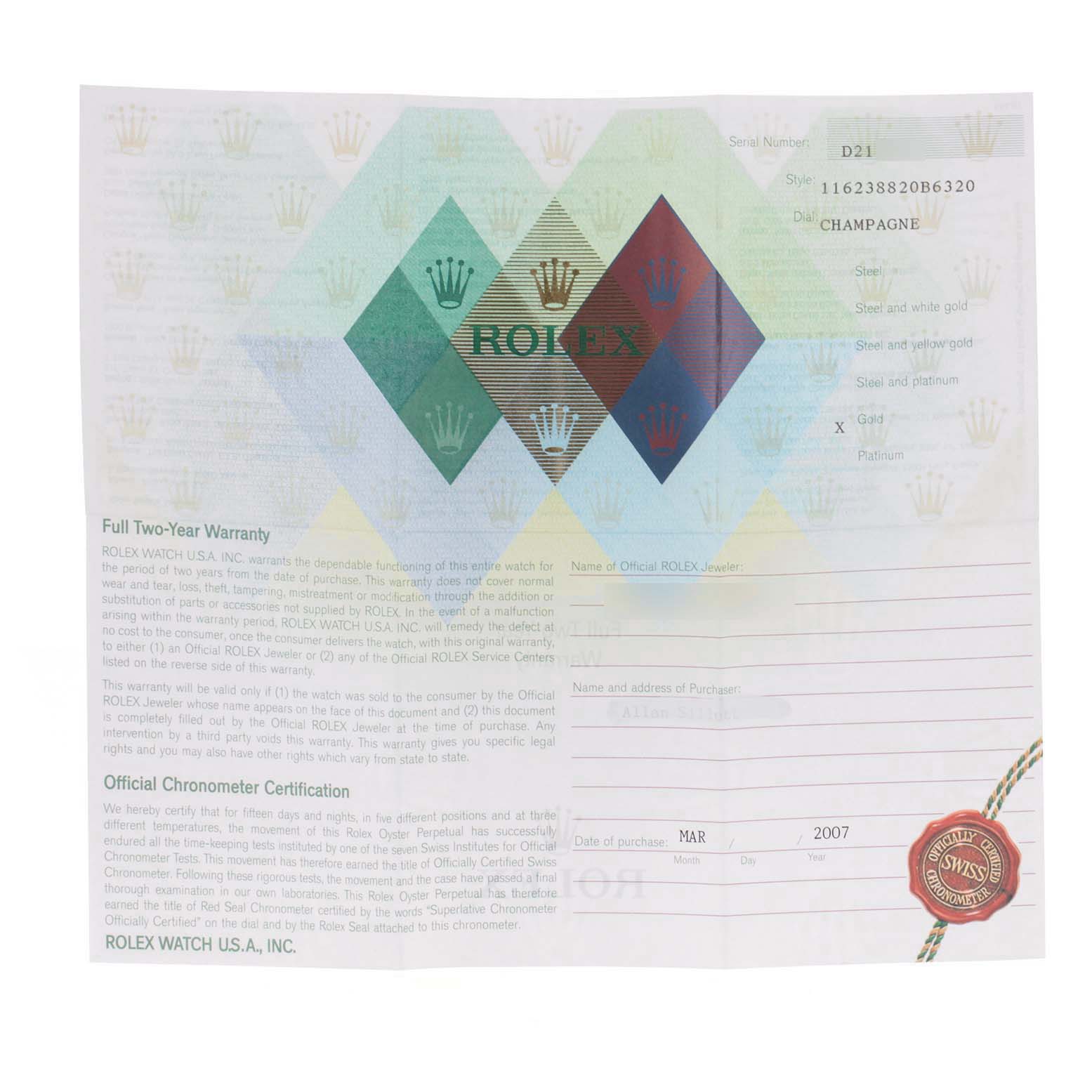 The image shows the warranty certificate for a Rolex President 116238 Men
s Yellow Gold Champagne Dial 116238 Men
s Yellow Gold Champagne Dial model watch, detailing style, dial, and material options.