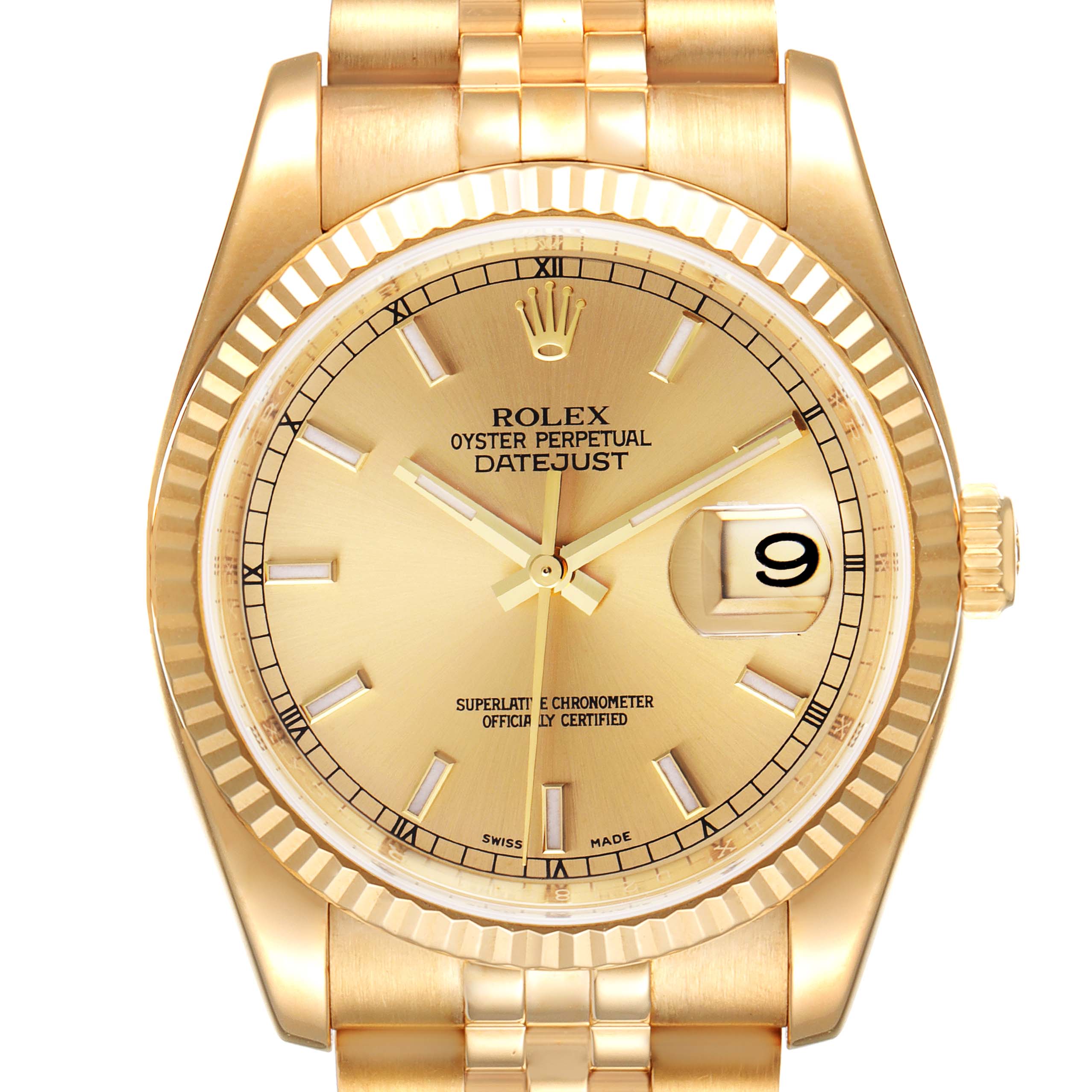 The image shows a front view of the Rolex President 116238 Men
s Yellow Gold Champagne Dial 116238 Men
s Yellow Gold Champagne Dial model, highlighting its golden dial, fluted bezel, and date window.