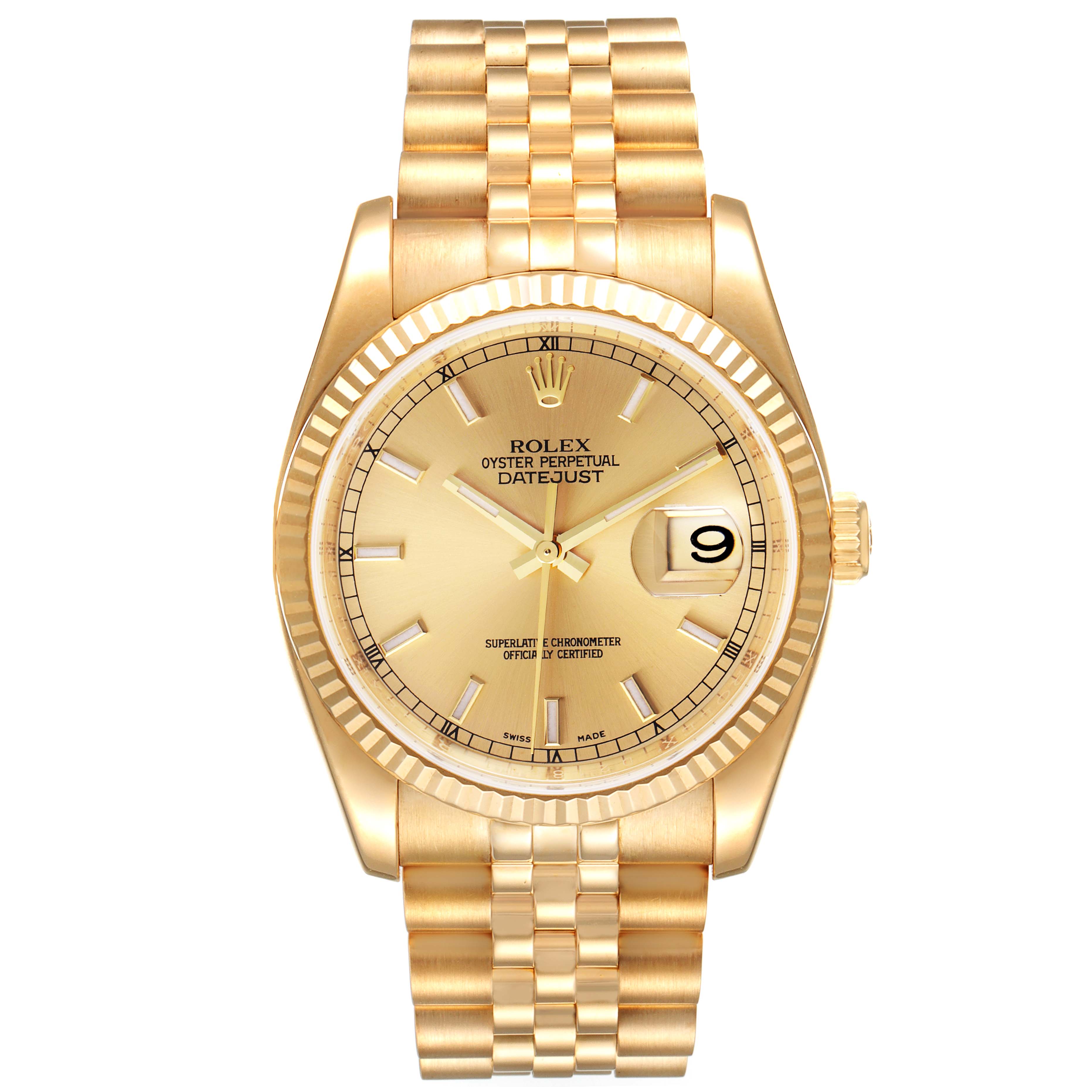 This Rolex President 116238 Men
s Yellow Gold Champagne Dial 116238 Men
s Yellow Gold Champagne Dial model watch is shown from the front angle, highlighting the dial, bracelet, and magnified date window.