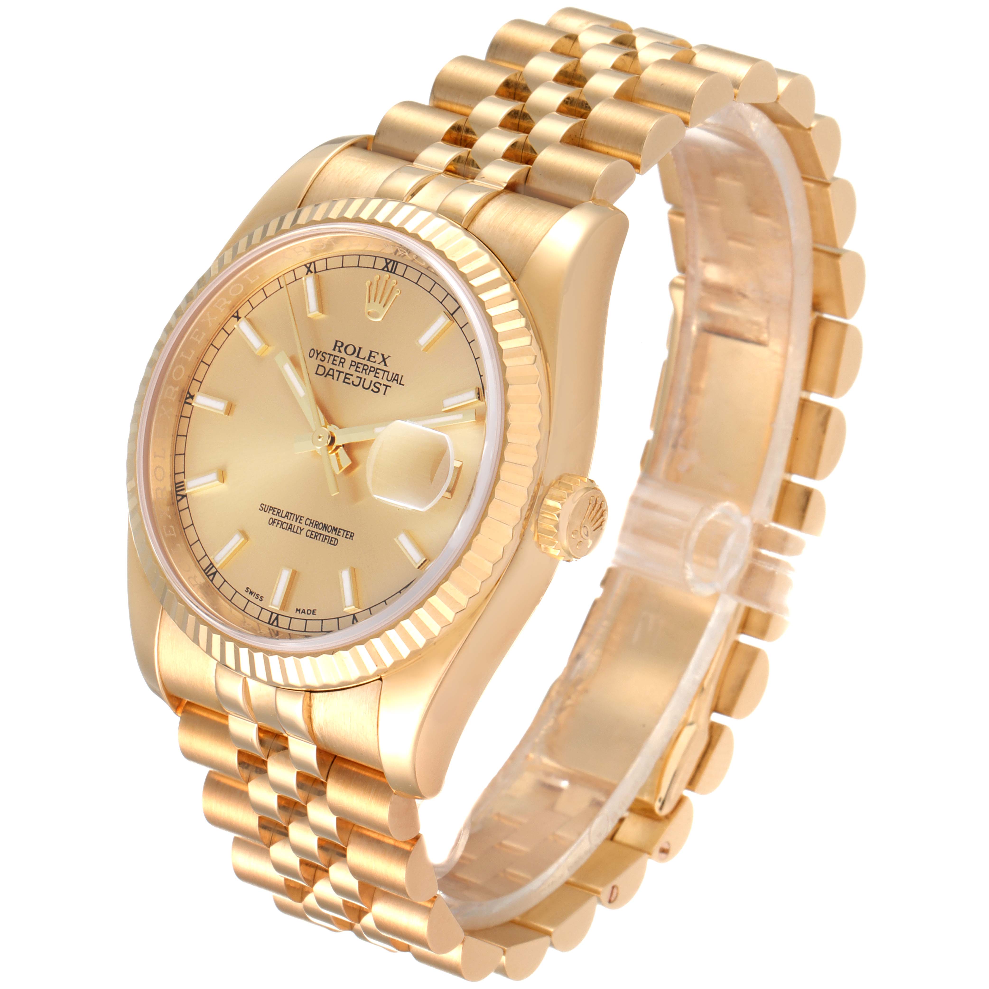 The image shows a Rolex President 116238 Men
s Yellow Gold Champagne Dial 116238 Men
s Yellow Gold Champagne Dial model watch at an angled side view, highlighting the face, dial, bezel, and bracelet.