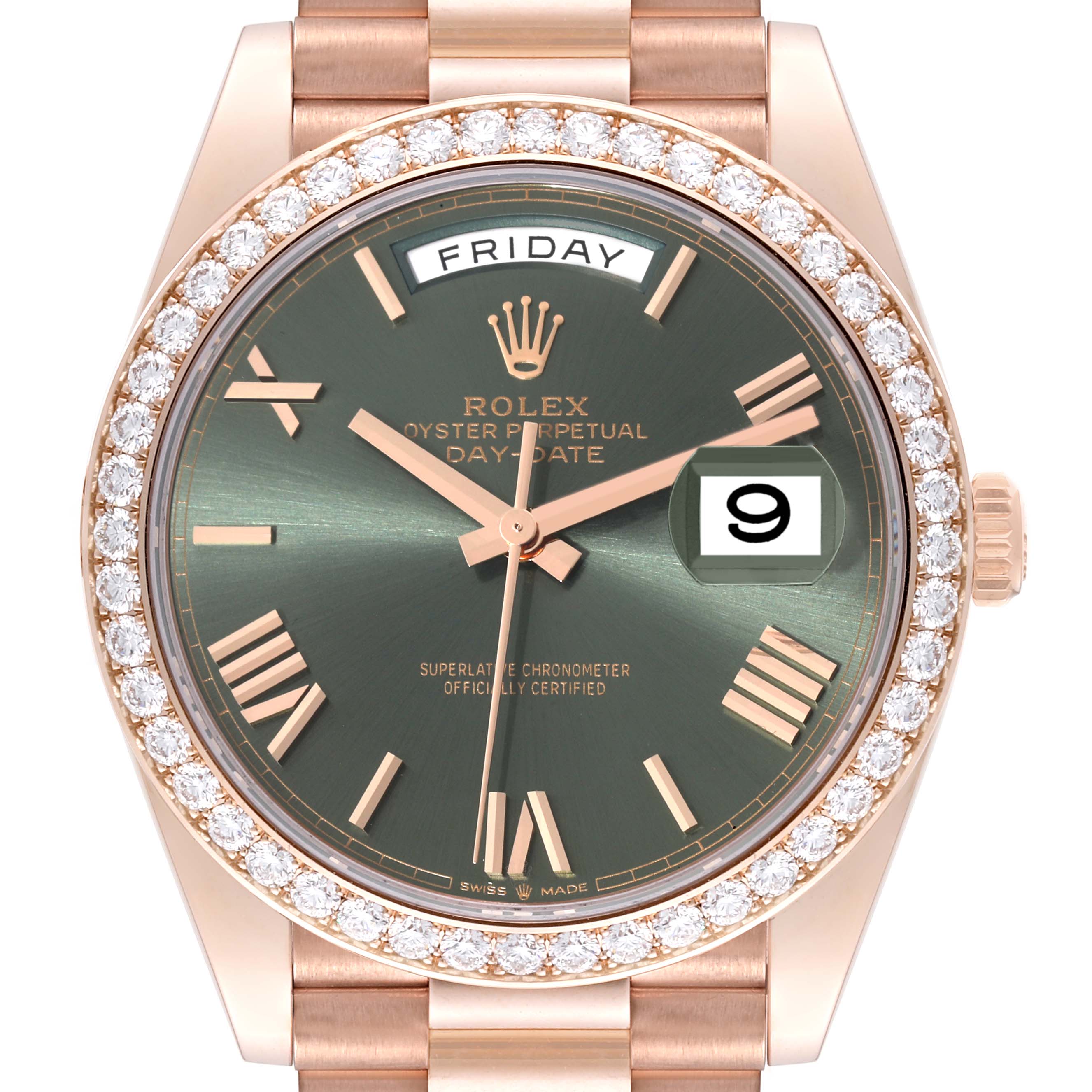 The Rolex President 228345 Men's Rose Gold Green Dial 228345 Men's Rose Gold Green Dial model is shown from a front angle, displaying the face, bezel, day, and date features.