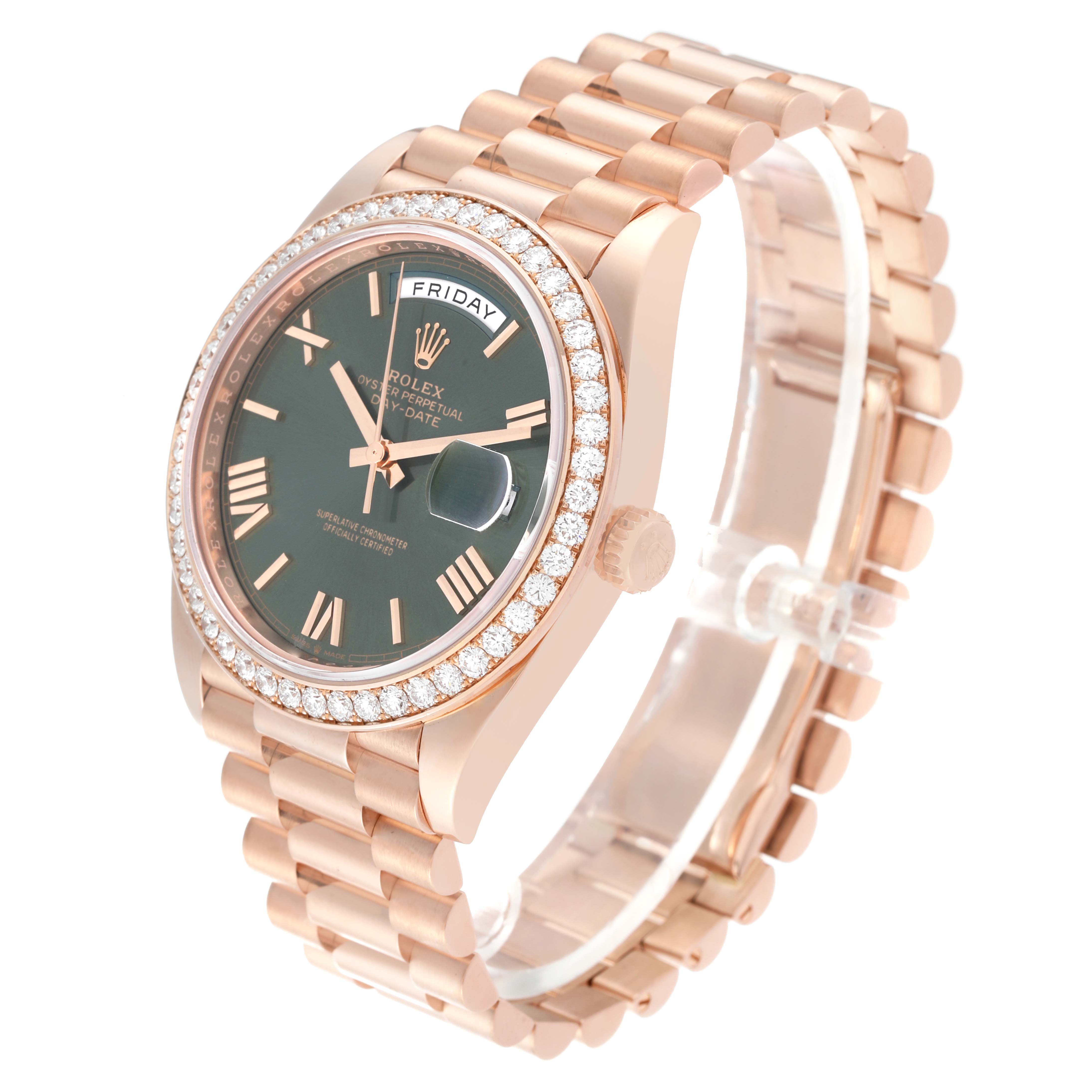The image shows a side-angle view of the Rolex President 228345 Men's Rose Gold Green Dial 228345 Men's Rose Gold Green Dial watch, highlighting the dial, bezel, and bracelet.