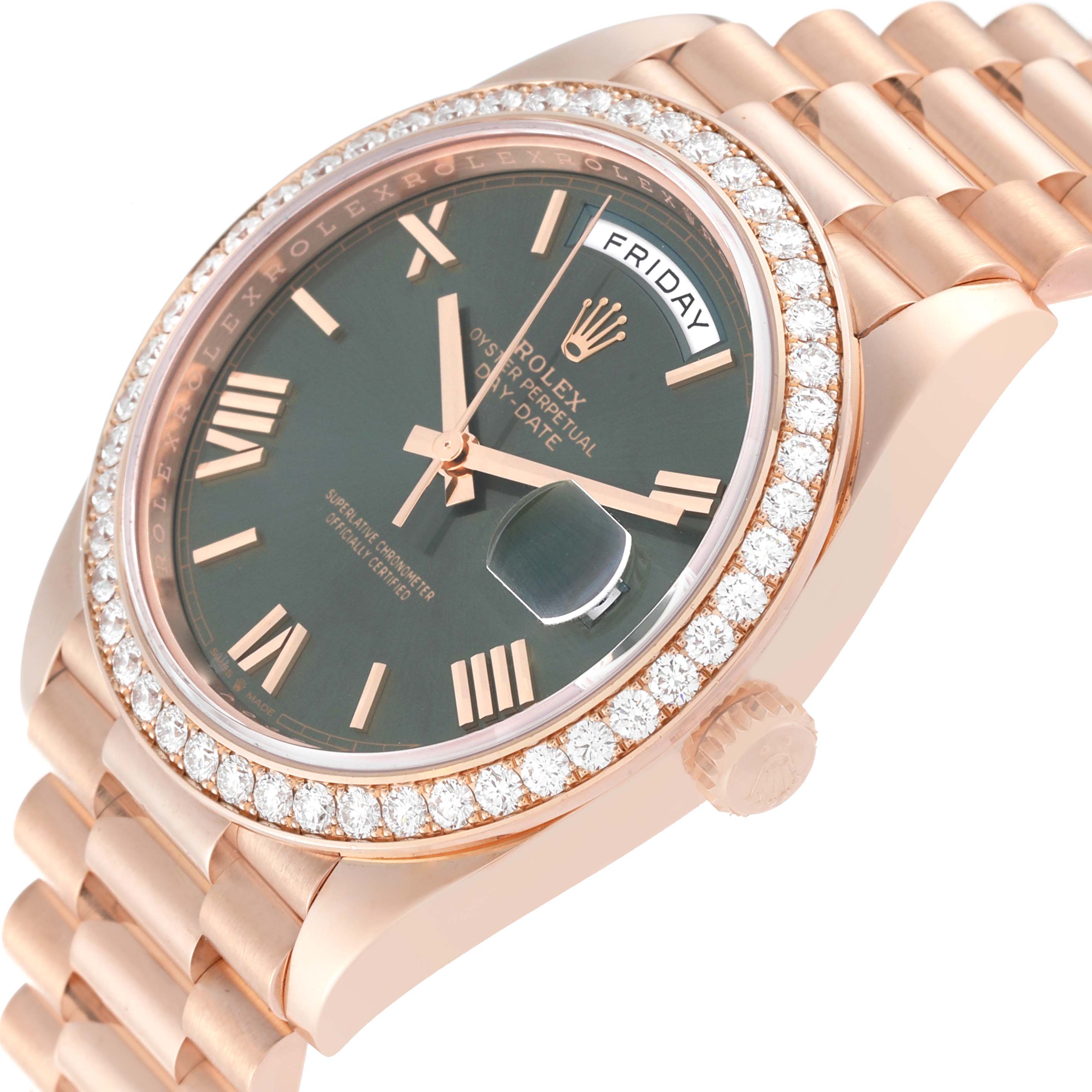 The image shows a side angle of a Rolex President 228345 Men's Rose Gold Green Dial 228345 Men's Rose Gold Green Dial model, highlighting the dial, bezel, and bracelet.