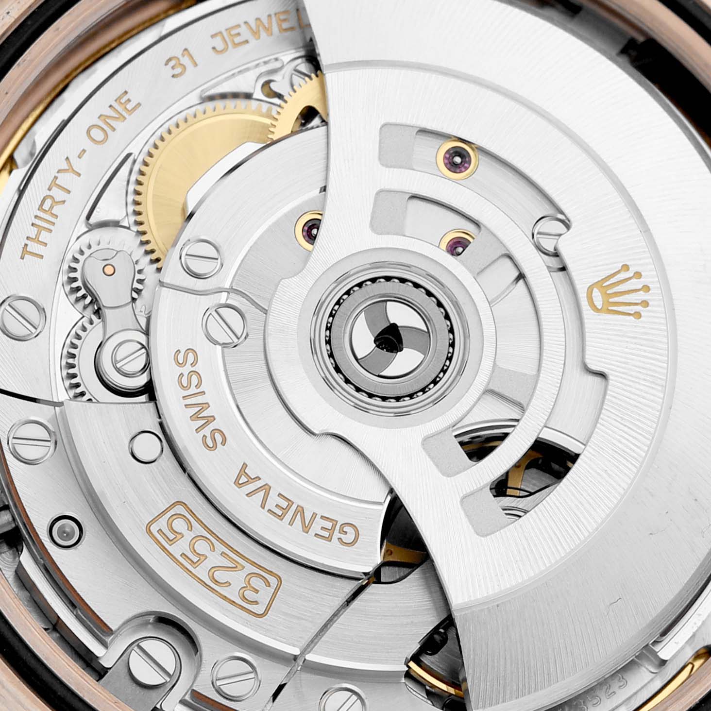 This image shows the intricate internal mechanism of the Rolex President 228345 Men's Rose Gold Green Dial 228345 Men's Rose Gold Green Dial model watch from a close-up angle.