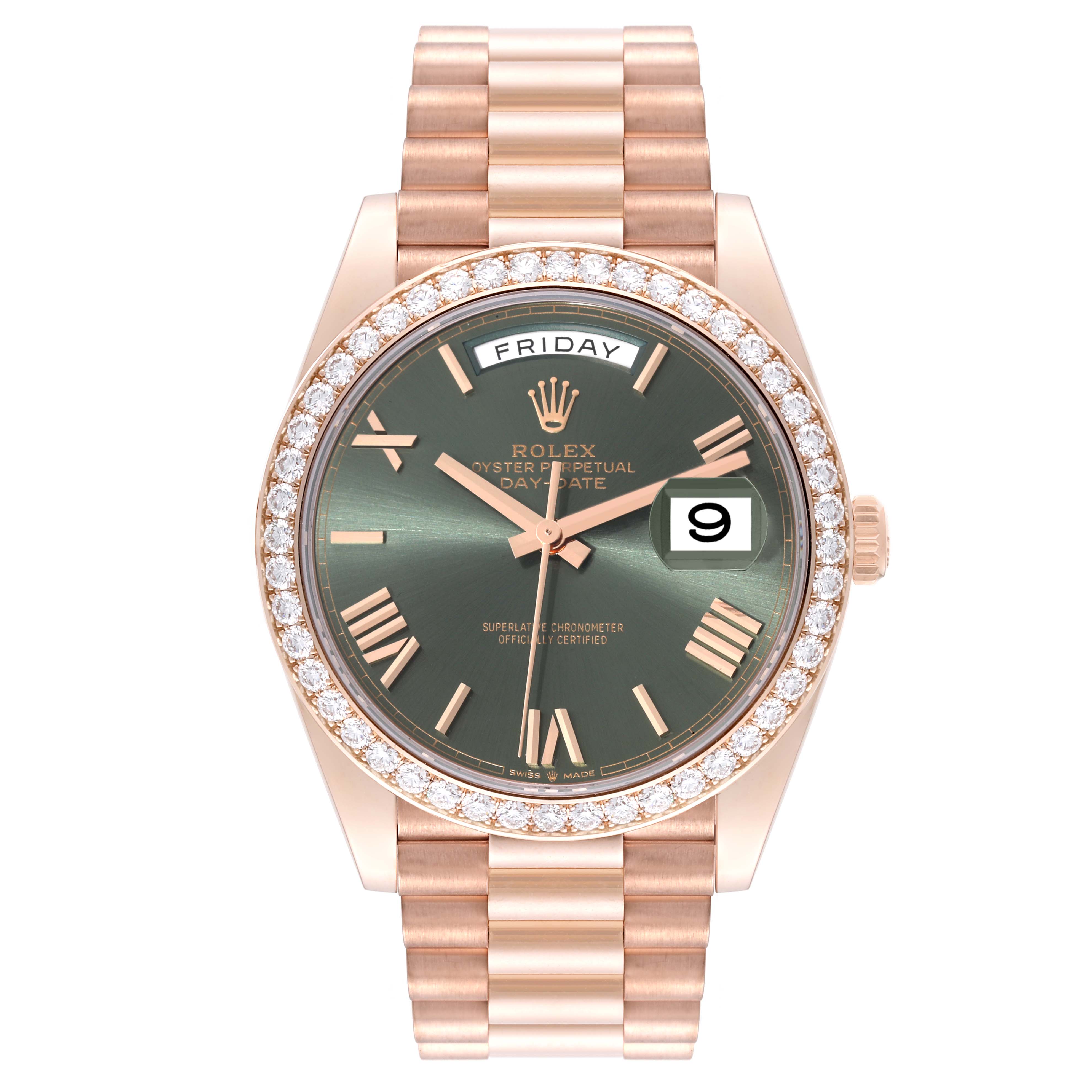 The image shows a Rolex President 228345 Men's Rose Gold Green Dial 228345 Men's Rose Gold Green Dial model watch with a rose gold band, green dial, diamond bezel, and day-date display, viewed from the front.