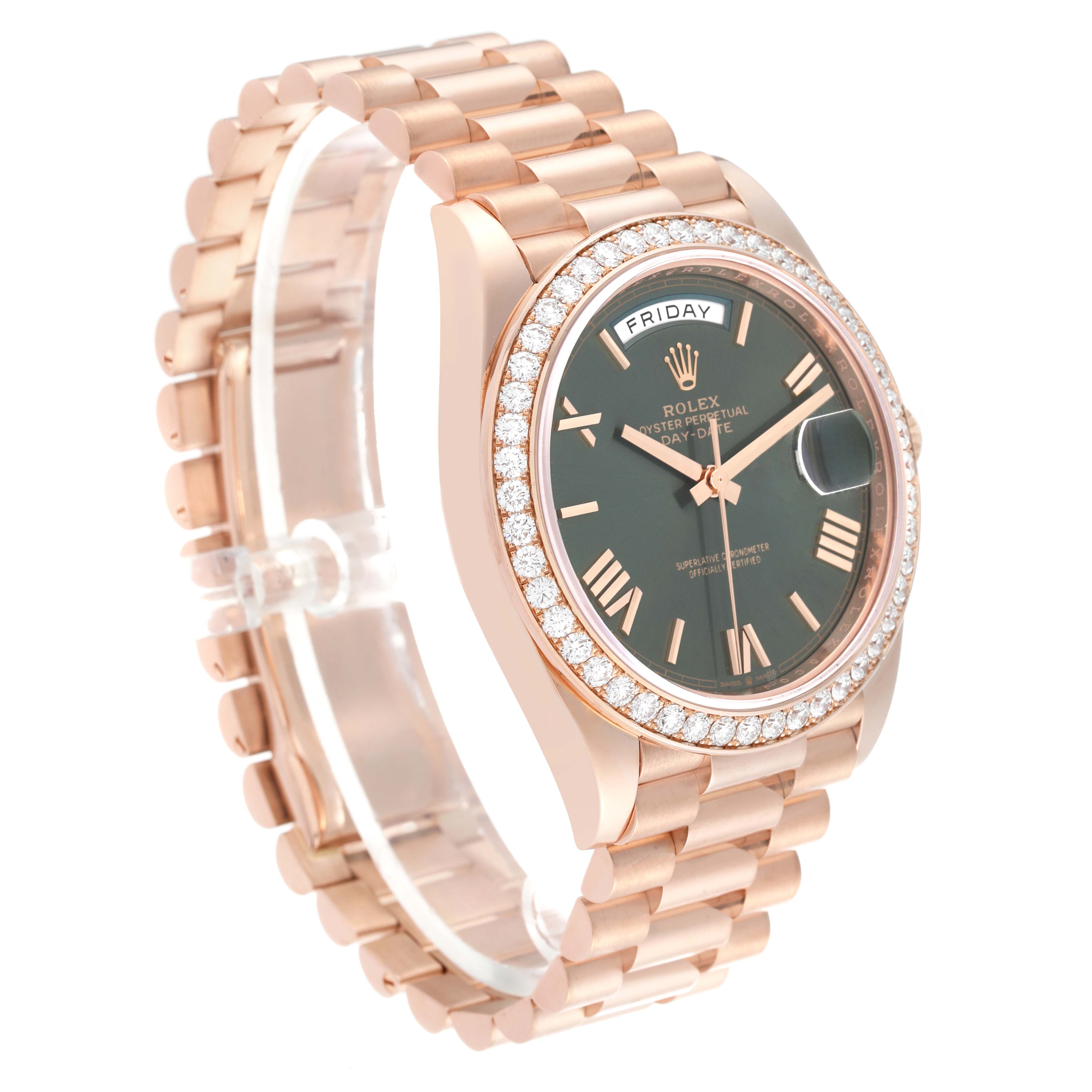 The image shows a Rolex President 228345 Men's Rose Gold Green Dial 228345 Men's Rose Gold Green Dial model watch from a three-quarter side angle, highlighting the face, bezel, and bracelet.