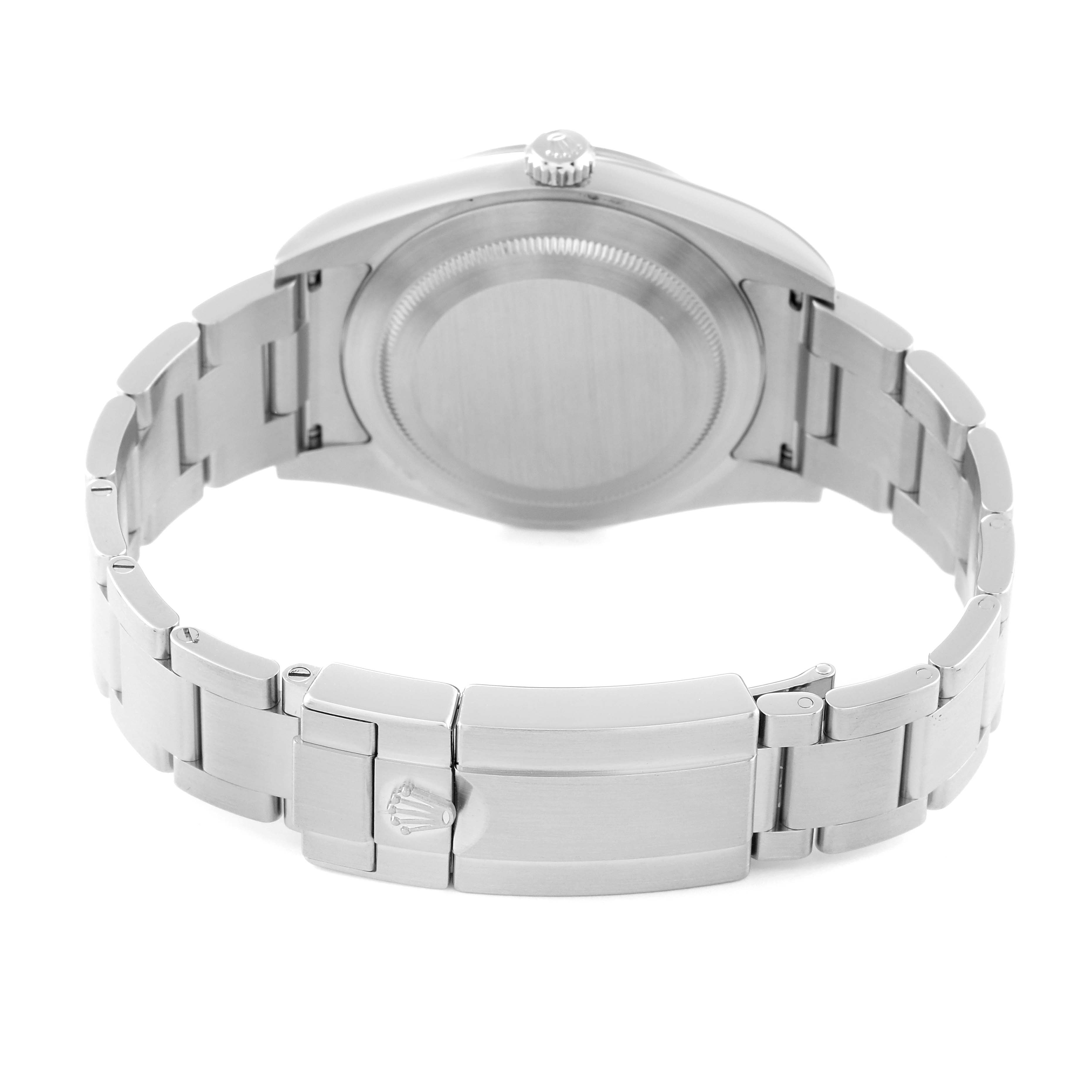 The image shows the back of a Rolex Explorer 214270 Men's Stainless Steel Black Dial watch, featuring its caseback and bracelet with a clasp.