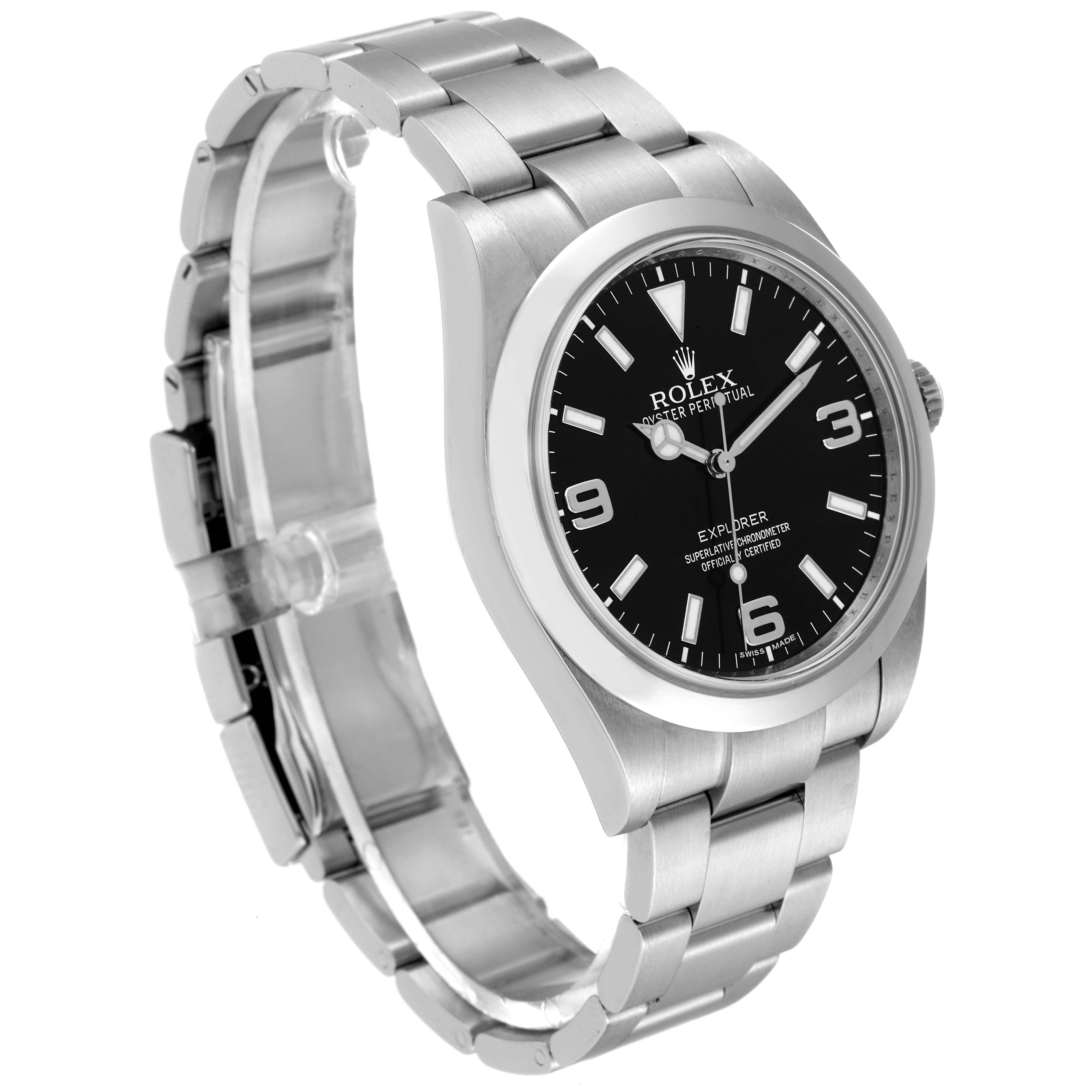 The Rolex Explorer 214270 Men's Stainless Steel Black Dial watch is shown at a slight angle, highlighting the face, bezel, and partial bracelet.