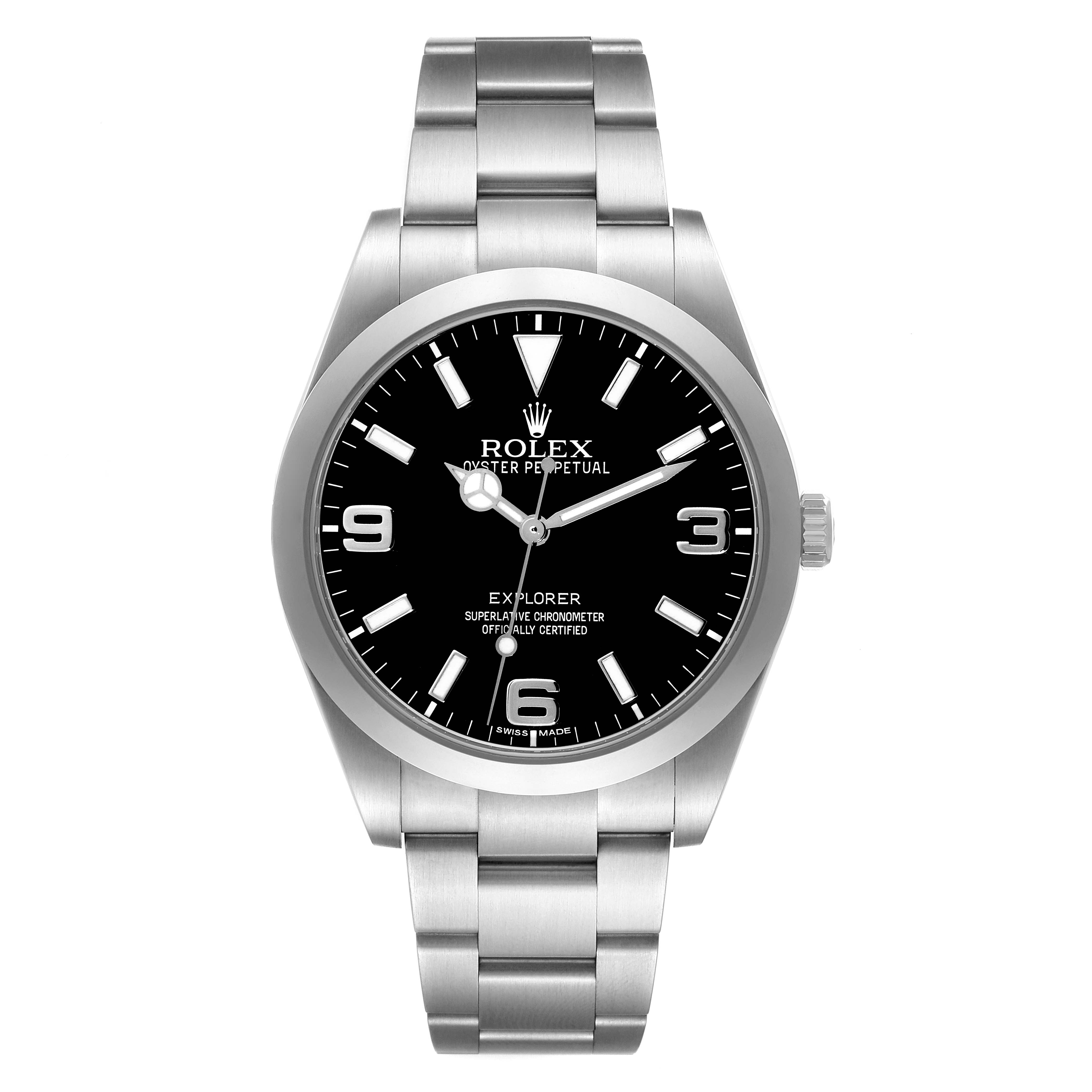 The Rolex Explorer 214270 Men's Stainless Steel Black Dial is shown from a frontal angle, displaying its dial, bezel, case, and bracelet.