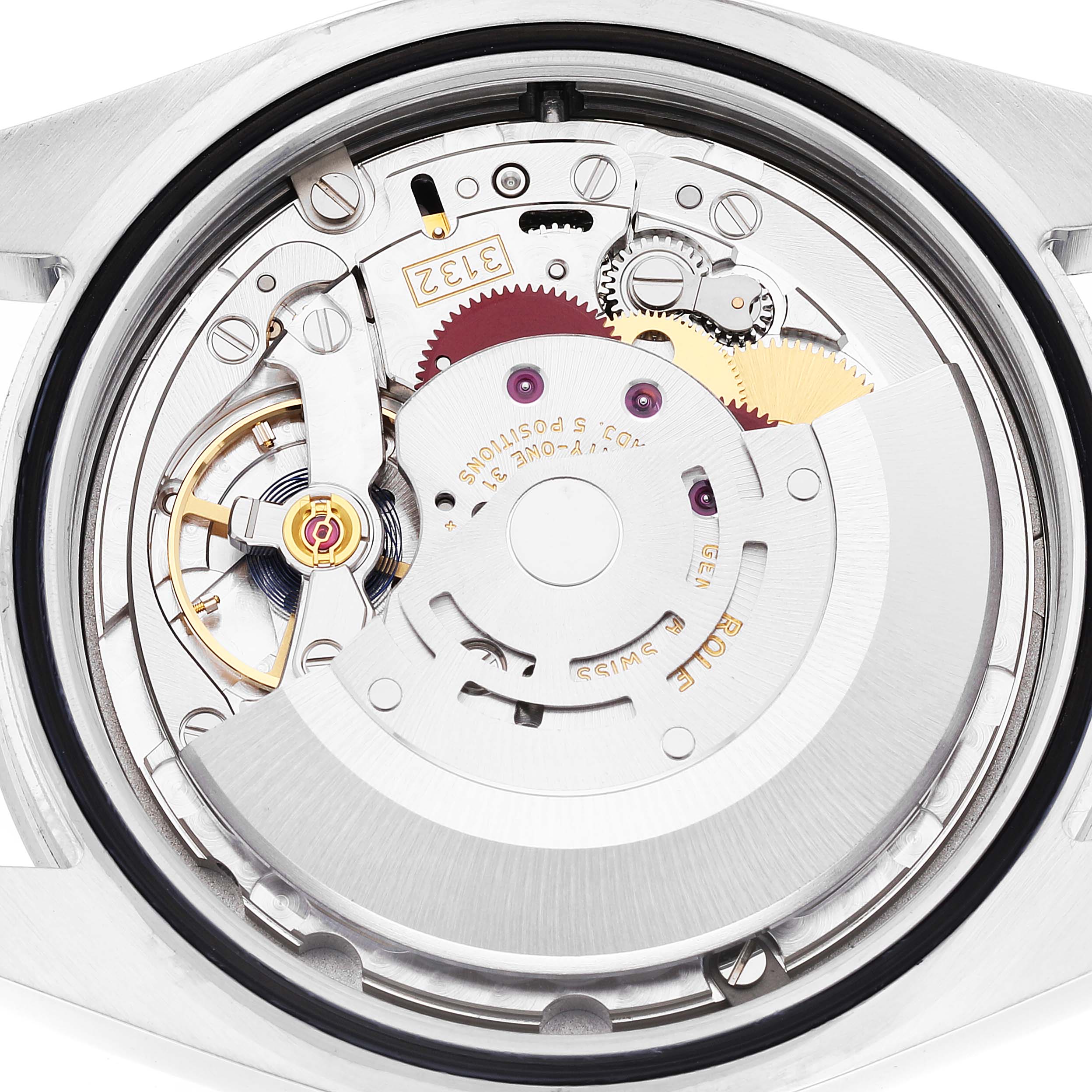 The image shows the back view of a Rolex Explorer 214270 Men's Stainless Steel Black Dial, highlighting its intricate movement and gears.