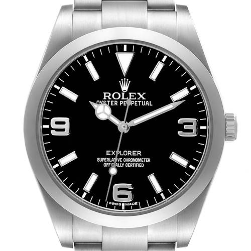 The Rolex Explorer 214270 Mens Stainless Steel Black Dial is shown from a front angle highlighting the dial, case, and part of the bracelet.